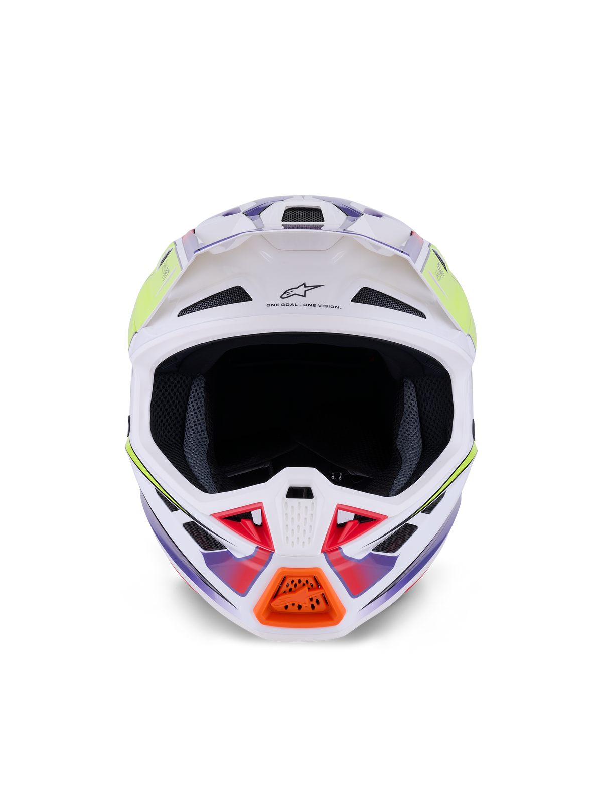 Alpinestars S-M7 Fuse Helm, Motocross-Helm, Weiß, Gelb Fluo und Lila glänzend, Vorderansicht mit mehreren Lufteinlässen, aerodynamischer Verbundschale und orangefarbenem Kinnschutz-Detail.