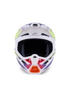 Alpinestars S-M7 Fuse Helmet, Motocross Helmet, White Yellow Fluo and Purple Glossy, front view featuring multiple air intake vents, aerodynamic composite shell, and orange chin guard detail.