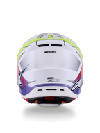 Alpinestars S-M7 Fuse Helmet ECE 22.06, Motocross Helmet, White Yellow Fluo and Purple Glossy, back view showing integrated exhaust vents, Alpinestars branding, and side logos, sleek aerodynamic shell design.