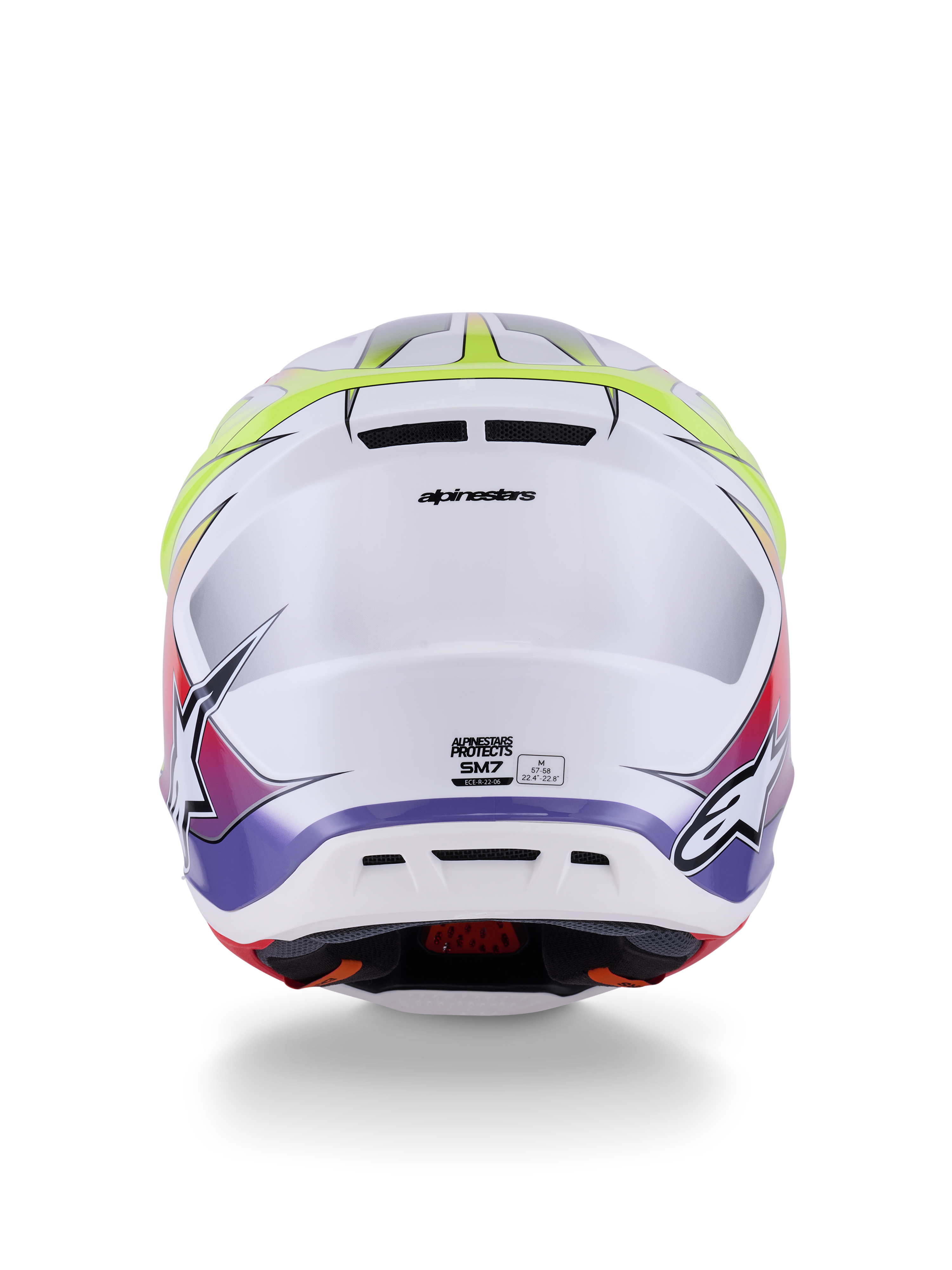 Alpinestars S-M7 Fuse Helmet ECE 22.06, Motocross Helmet, White Yellow Fluo and Purple Glossy, back view showing integrated exhaust vents, Alpinestars branding, and side logos, sleek aerodynamic shell design.