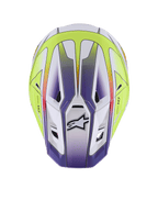 Alpinestars S-M7 Fuse Helmet, Motocross Helmet, White Yellow Fluo and Purple Glossy, top-down view showing aerodynamic shell with ventilation ports and black Alpinestars logo, premium off-road racing protection