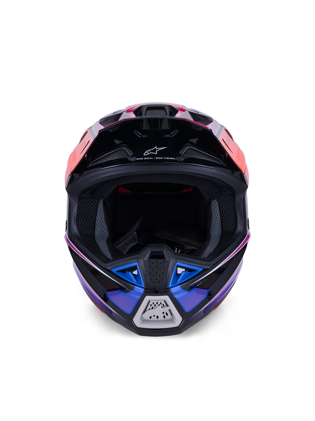 Alpinestars S-M7 Fuse Helm, Motocross-Helm, Blau, Lila und Pink glänzend, Vorderansicht mit Sichtfeld und belüftetem Kinnbügel, mit schwarzen Akzenten und Alpinestars-Branding, aerodynamisches Offroad-Renndesign