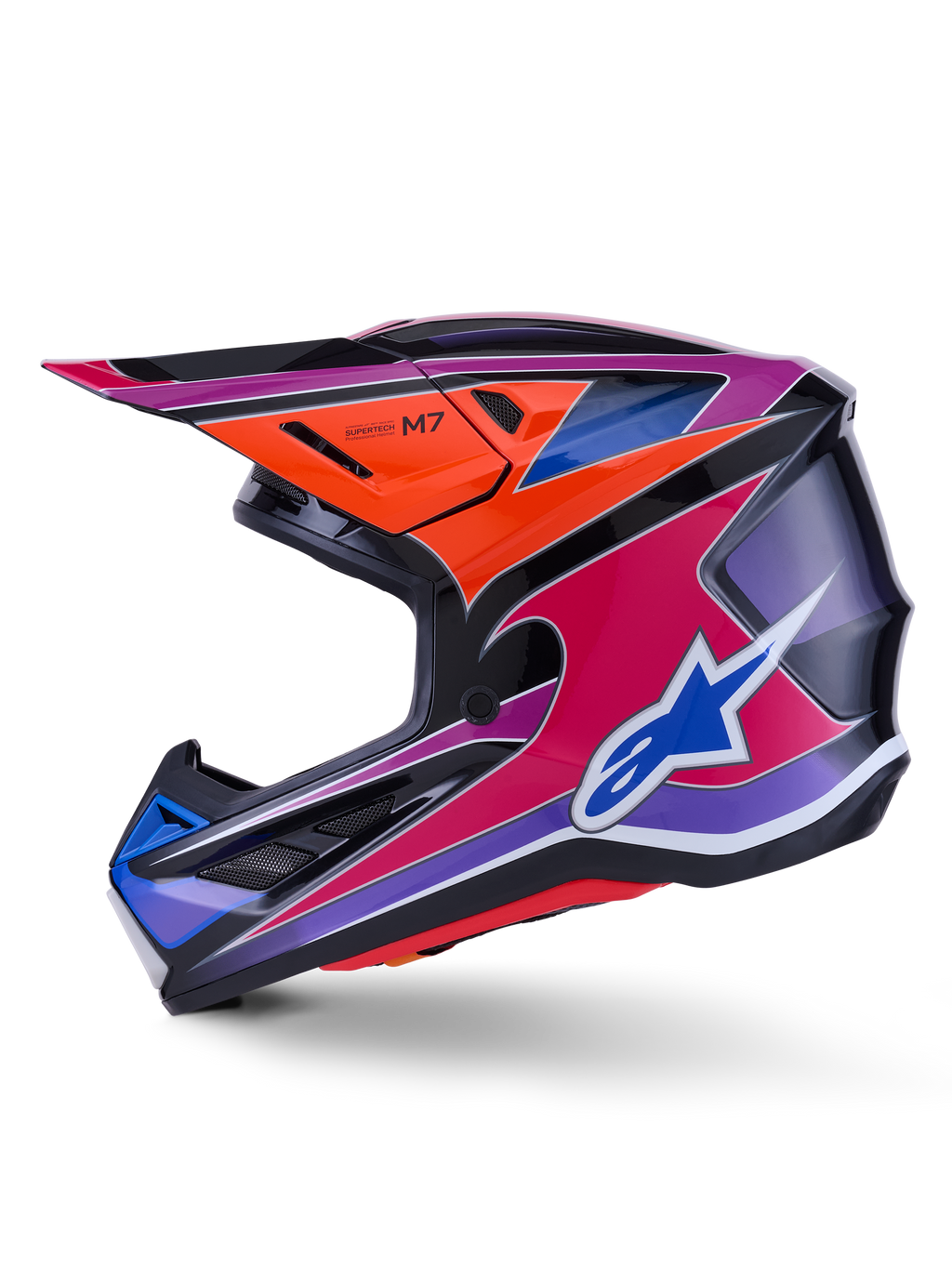 Alpinestars S-M7 Fuse Helm, Motocross-Helm, Blau, Violett, Pink und Orange glänzend, lebendiges mehrfarbiges Grafikdesign mit blauem Alpinestars-Logo, aerodynamische Verbundschale mit Schutzvisier und Belüftungsöffnungen, professionelle Offroad-Rennausrüstung