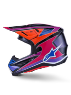 Alpinestars S-M7 Fuse Helm, Motocross-Helm, Blau, Violett, Pink und Orange glänzend, lebendiges mehrfarbiges Grafikdesign mit blauem Alpinestars-Logo, aerodynamische Verbundschale mit Schutzvisier und Belüftungsöffnungen, professionelle Offroad-Rennausrüstung