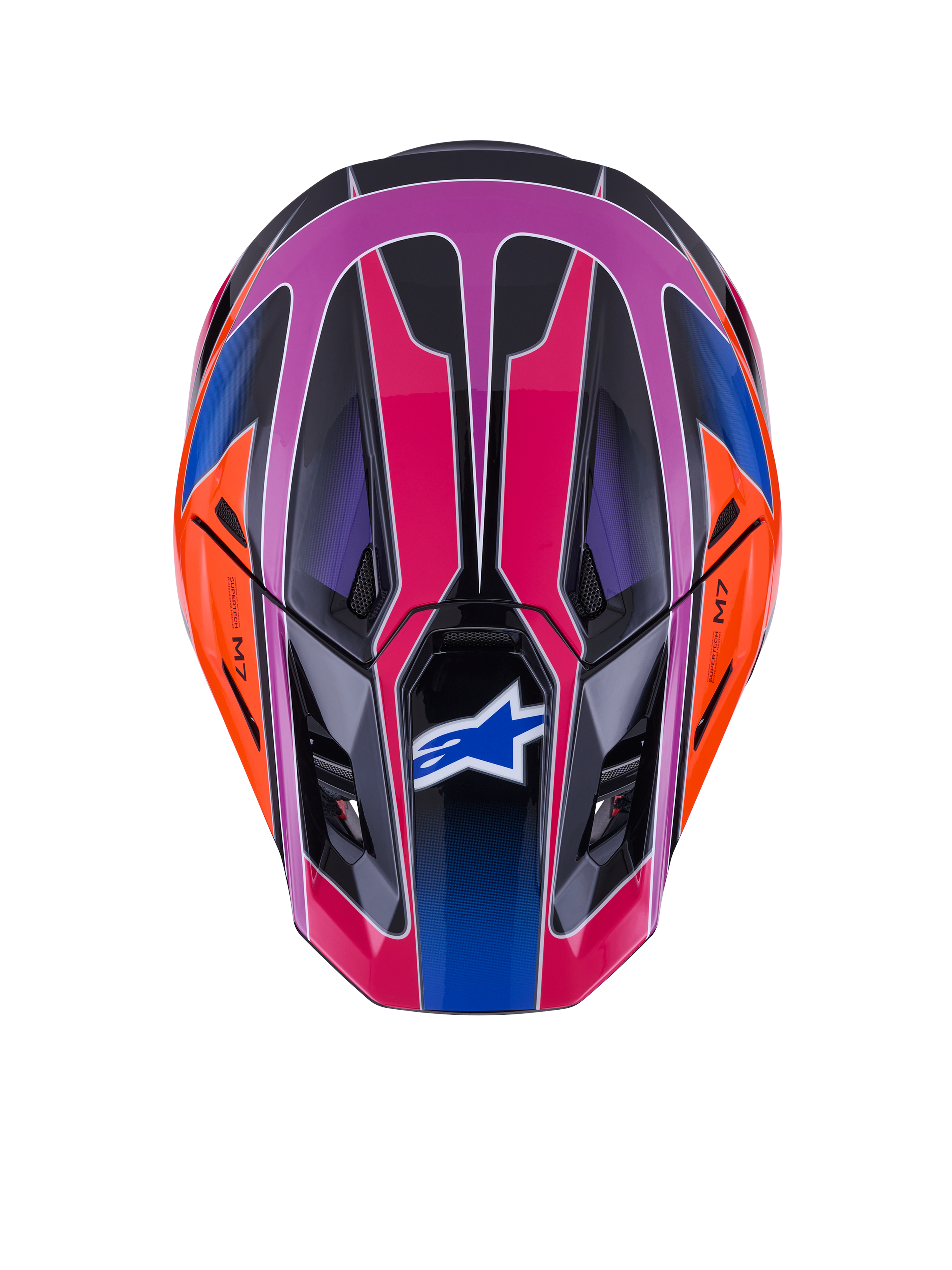 Alpinestars S-M7 Fuse Helm, Draufsicht, Blau Violett Pink Glänzend mit orangefarbenen und schwarzen Akzenten, lebendiges geometrisches Design, aerodynamische Schale mit Belüftungsöffnungen und Alpinestars-Logo auf dem Visier, Motocross-Schutzausrüstung