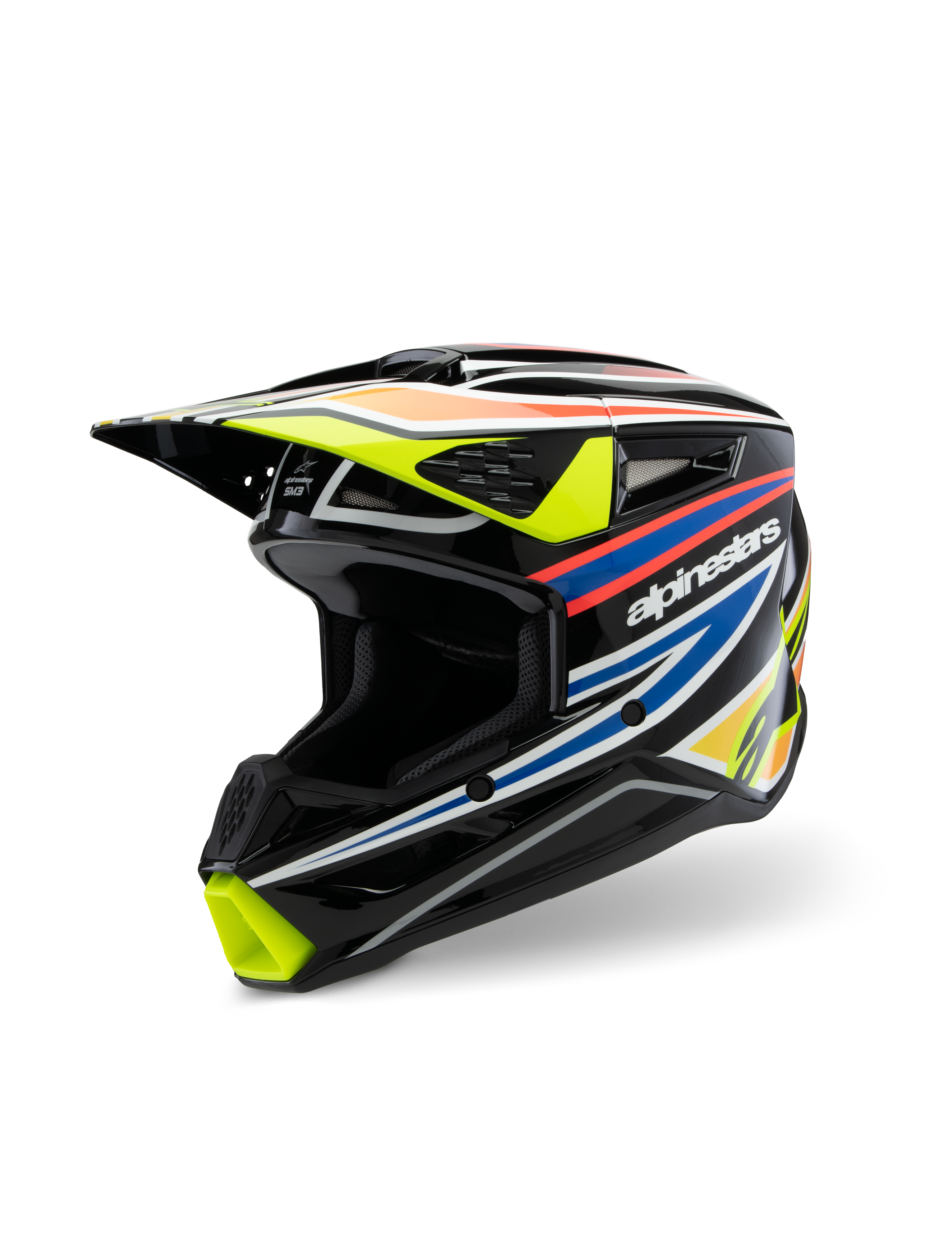 Alpinestars S-M3 Youth Wurx Helm ECE 22.06, Motocross-Helm, Glänzendes Schwarz mit neongelben, blauen und rot-orangen Renngrafiken, Dreiviertelansicht der aerodynamischen Schale mit mehreren Lufteinlässen und Auslassöffnungen, schützende Offroad-Ausrüstung für junge Fahrer