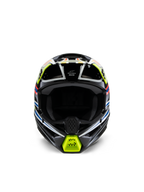 Alpinestars S-M3 Jugend-Wurx-Helm, Vorderansicht, Schwarz mit fluoreszierend gelben, blauen und roten Akzenten, Jugend-Motocross-Schutzausrüstung, schwarze Basis mit lebendigen geometrischen Grafiken, integrierten Belüftungsöffnungen und gelbem Kinnschutz, Offroad-Rennstil