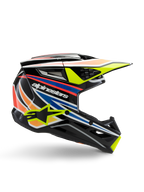 Alpinestars S-M3 Youth Wurx Helm, Jugend-Motocross-Helm, Schwarz mit gelben, blauen, roten und orangefarbenen Grafikstreifen, Seitenprofil mit aerodynamischem Visier und glänzendem Finish, mit weißem Alpinestars-Logo und gelber Sterngrafik