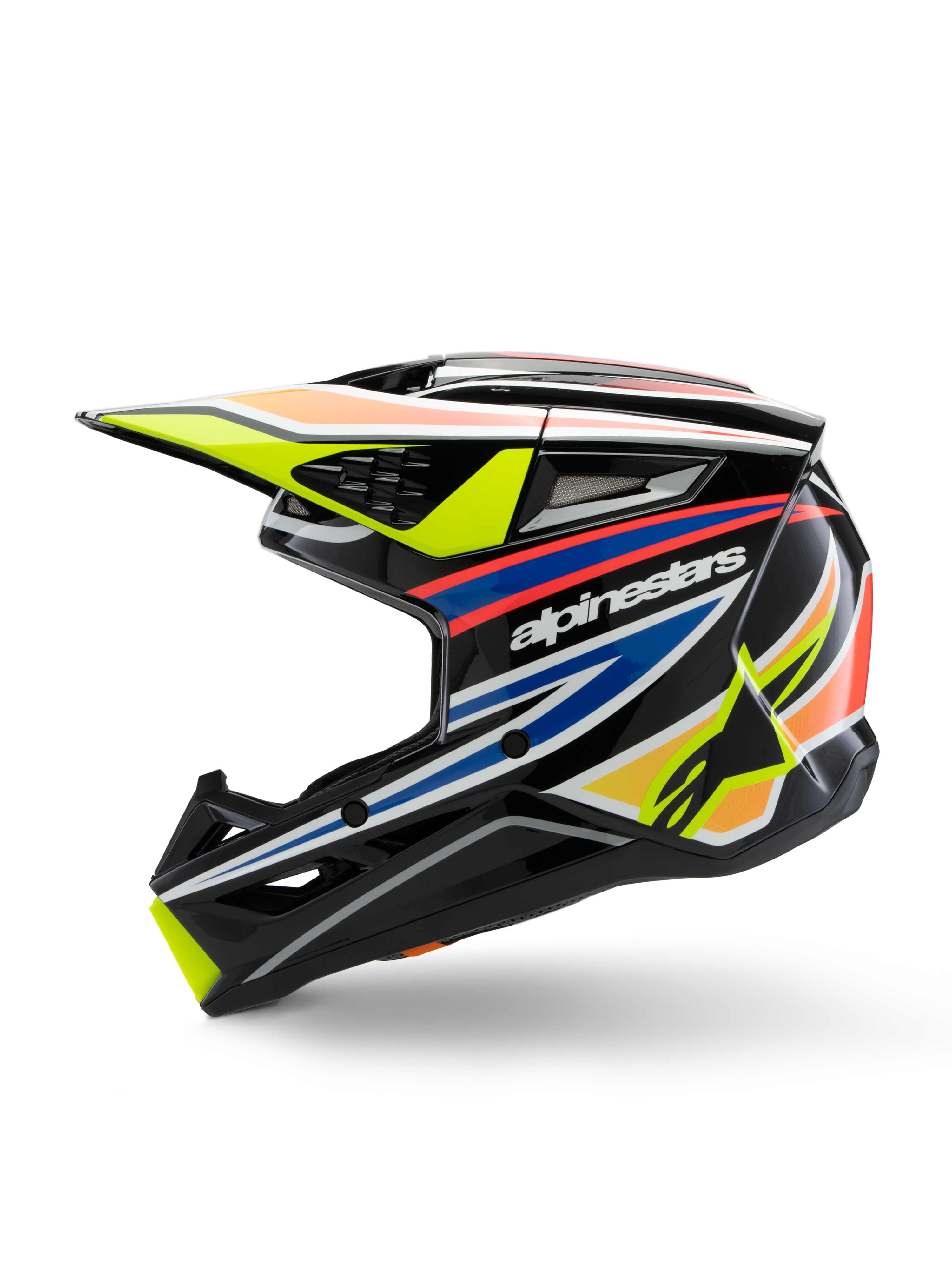Alpinestars S-M3 Youth Wurx Helm, Motocross-Helm, Schwarz mit leuchtenden Grafiken in Gelb, Blau und Rot, Profilansicht mit markantem Alpinestars-Branding, aerodynamische Schale mit mehreren Belüftungsöffnungen und einem gelben Helmschild.