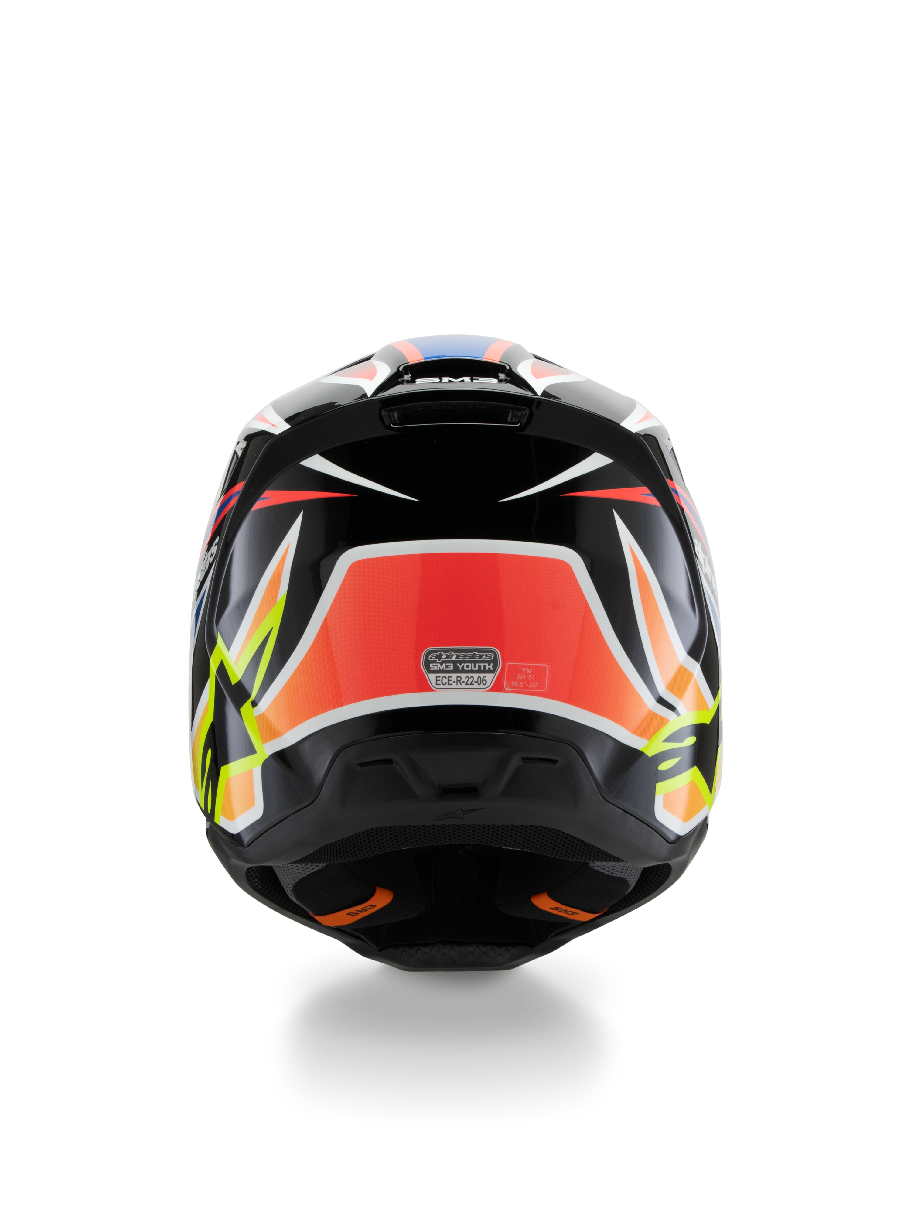 Alpinestars S-M3 Youth Wurx Helm ECE 22.06, Motocross-Helm, Rückansicht, Schwarz mit roten, fluoreszierend gelben und blauen Grafiken, markante eckige Muster, Stern-Logos und ECE 22.06 Zertifizierungsaufkleber, entwickelt für Jugend-Offroad-Rennsport