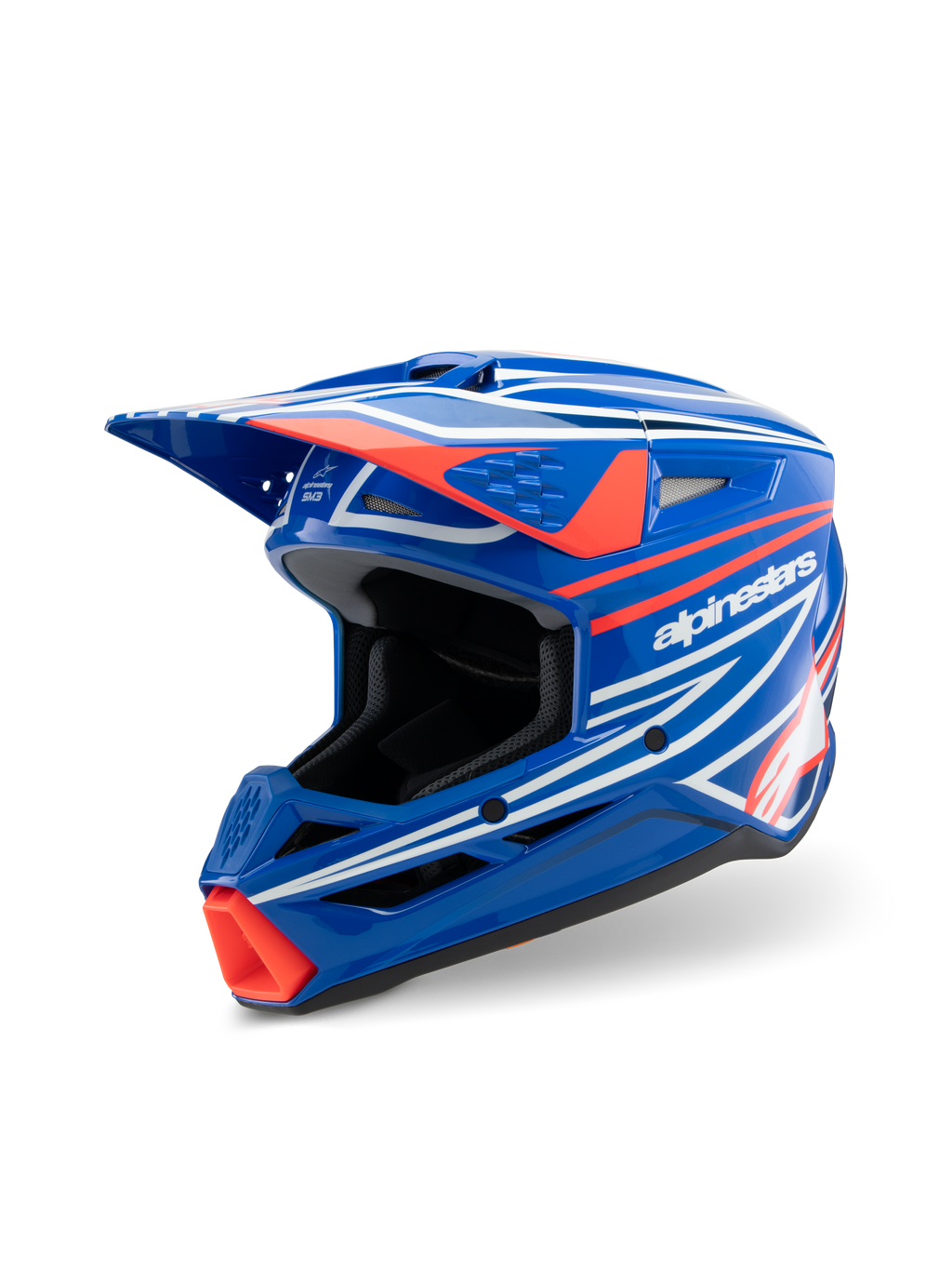 Alpinestars S-M3 Youth Wurx Helm, Motocross-Helm, Glänzendes Blau mit rot-weißen Grafiken, scharfes aerodynamisches Design mit markantem Visier und mehreren Belüftungsöffnungen, konzipiert für Jugend-Offroad- und MX-Rennsport