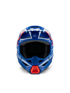 Alpinestars S-M3 Youth Wurx Helm ECE 22.06, Motocross-Helm, Blau, Rot, Weiß und Schwarz glänzend, Vorderansicht, mit aerodynamischer Schale, Belüftungsöffnungen und hellrotem Lufteinlass am Kinnschutz, entwickelt für den Offroad-Rennsport von Jugendlichen