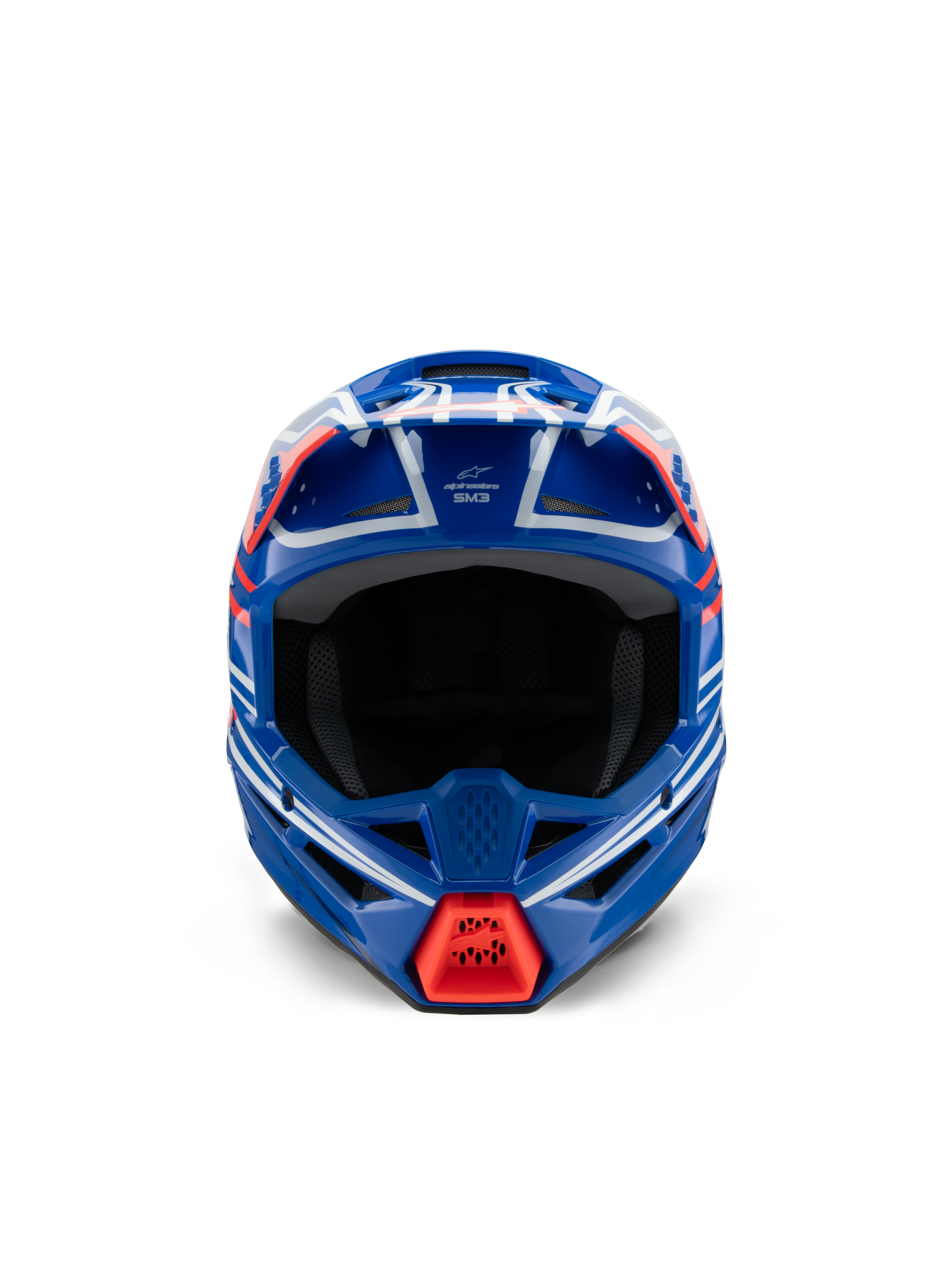 Alpinestars S-M3 Youth Wurx Helm ECE 22.06, Motocross-Helm, Blau, Rot, Weiß und Schwarz glänzend, Vorderansicht, mit aerodynamischer Schale, Belüftungsöffnungen und hellrotem Lufteinlass am Kinnschutz, entwickelt für den Offroad-Rennsport von Jugendlichen
