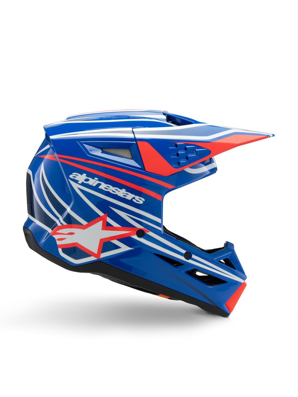 Alpinestars SM3 Youth Wurx Helm, Jugend-Motocross-Helm, Blau mit roten und weißen Grafiken, Seitenansicht mit aerodynamischem Visier, Belüftungsöffnungen und Stern-Logo, glänzende Oberfläche, ECE 22.06 zertifiziert