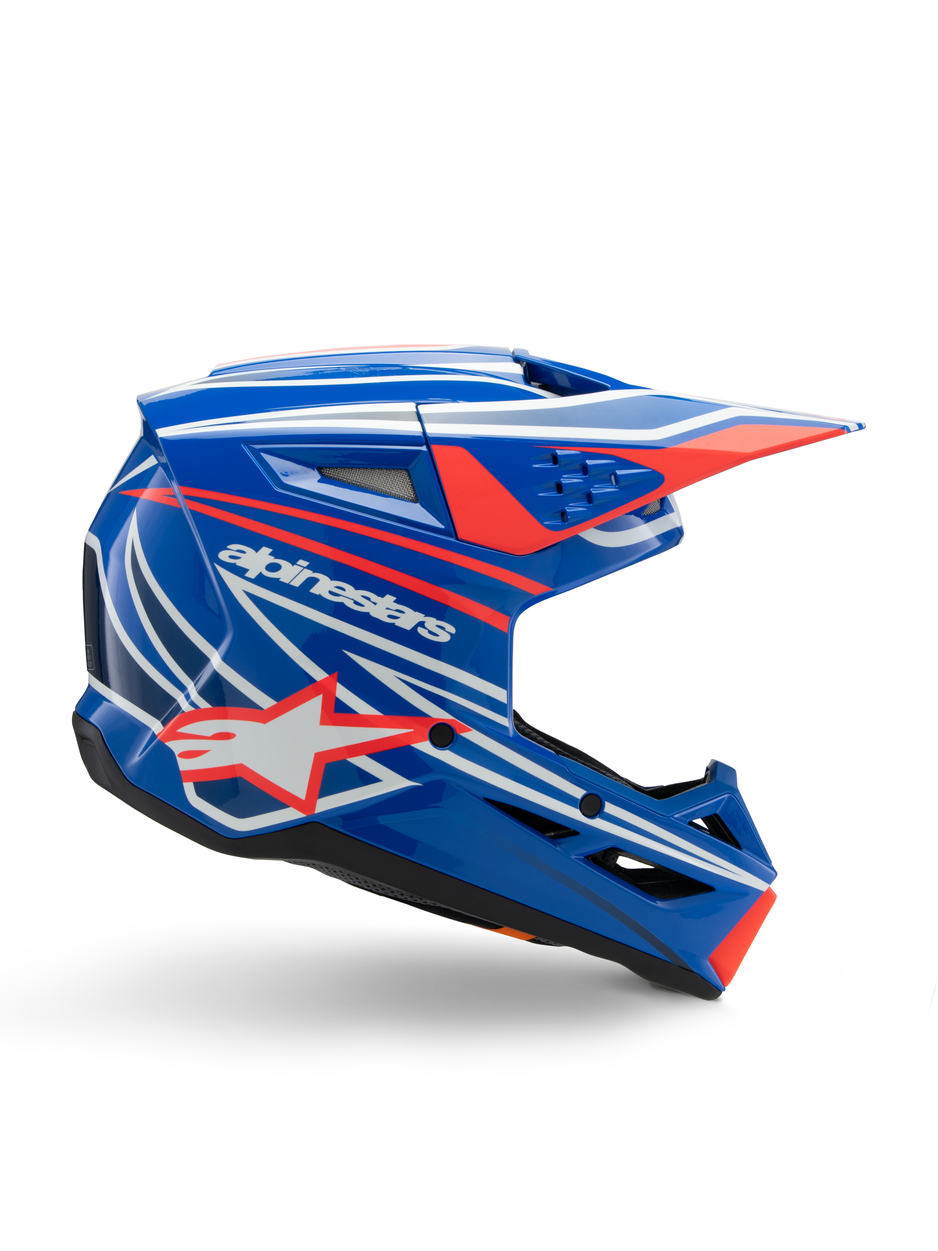 Alpinestars SM3 Youth Wurx Helm, Jugend-Motocross-Helm, Blau mit roten und weißen Grafiken, Seitenansicht mit aerodynamischem Visier, Belüftungsöffnungen und Stern-Logo, glänzende Oberfläche, ECE 22.06 zertifiziert