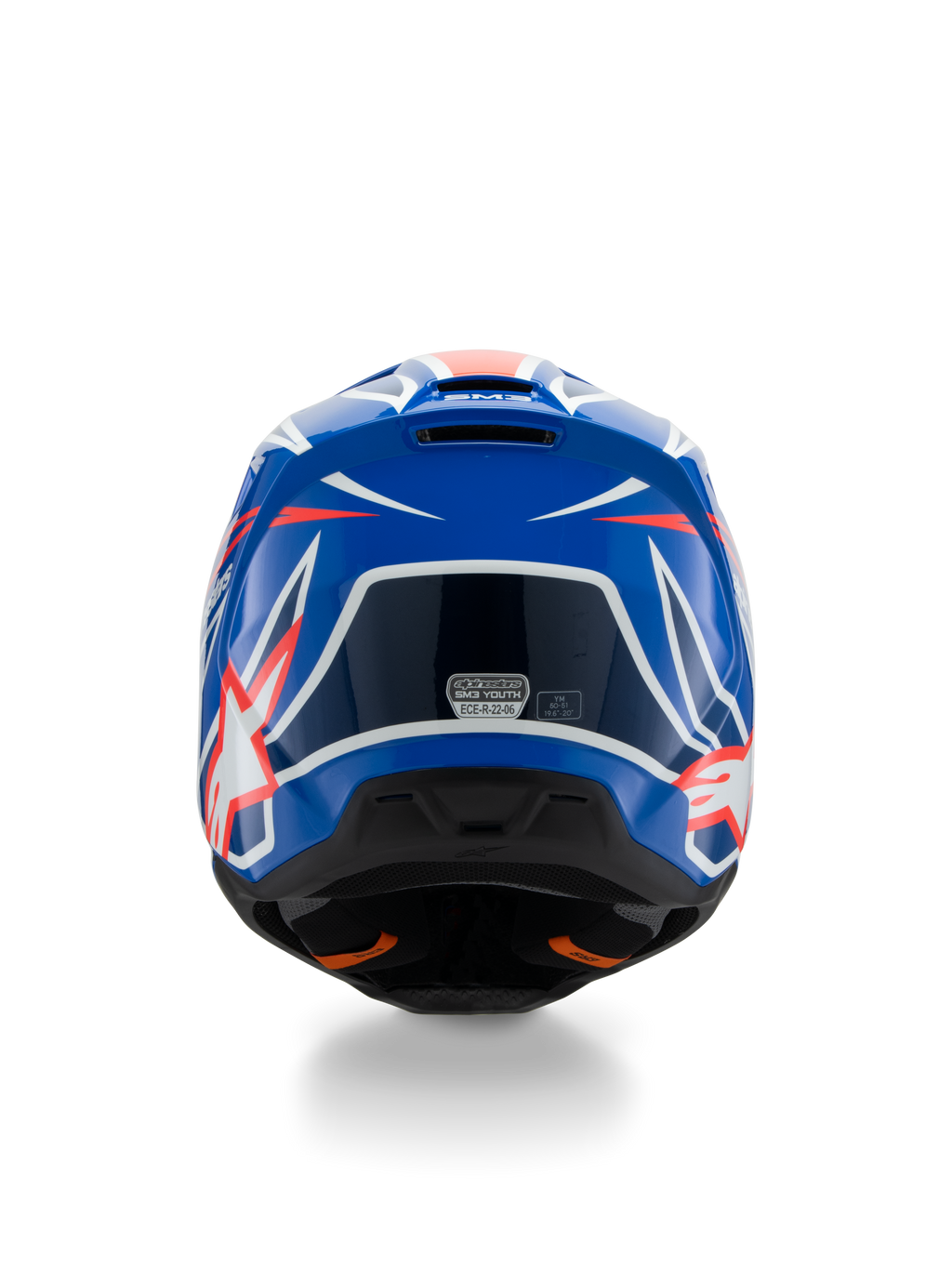 Alpinestars S-M3 Youth Wurx Helm ECE 22.06, Motocross-Helm, Blau, Rot und Weiß, Rückansicht zeigt aerodynamisches Design mit Auslassöffnungen, glänzendes Finish mit scharfen Grafikakzenten und Sicherheitszertifizierungs-Sticker.