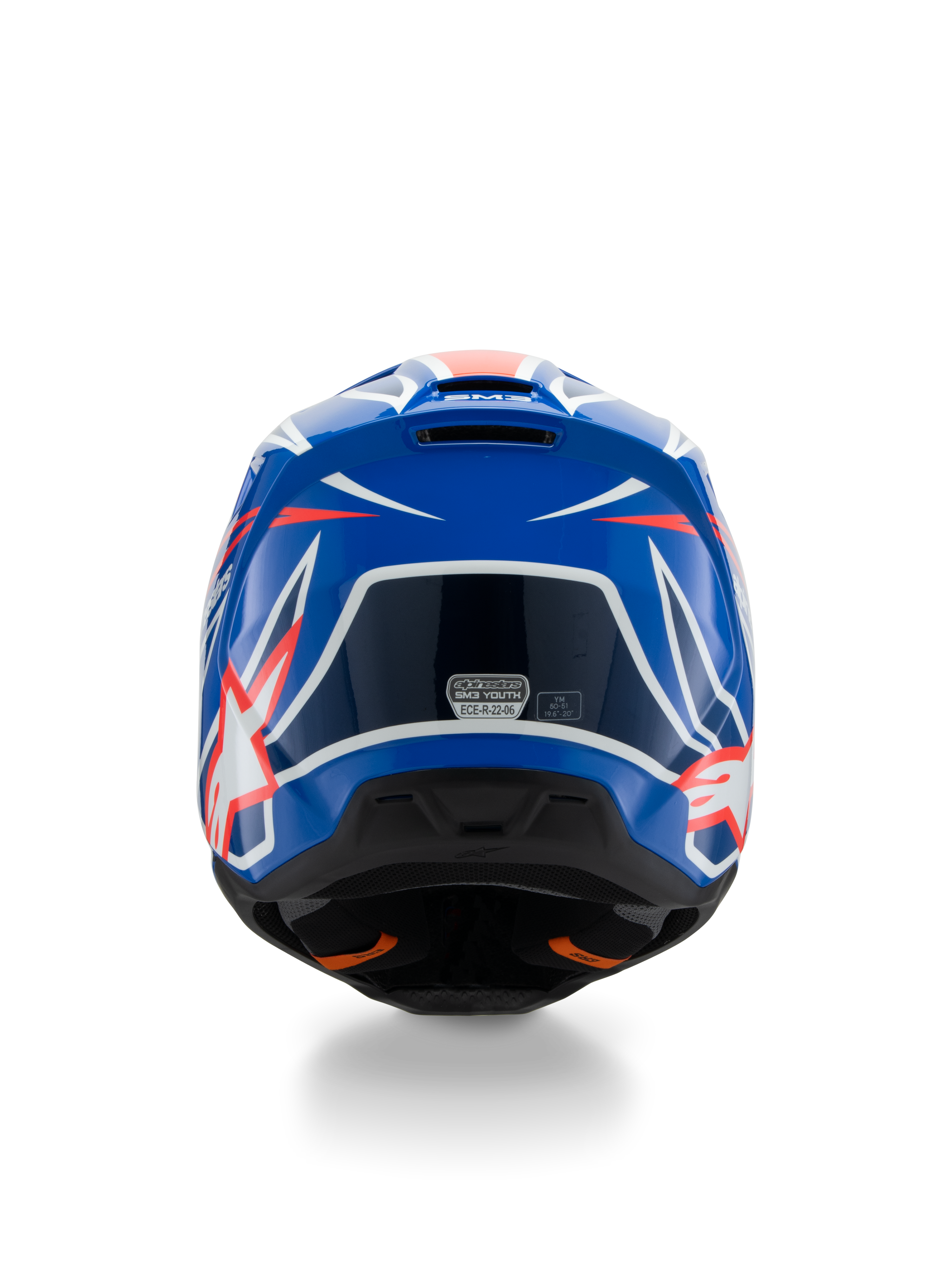 Alpinestars S-M3 Youth Wurx Helm ECE 22.06, Motocross-Helm, Blau, Rot und Weiß, Rückansicht zeigt aerodynamisches Design mit Auslassöffnungen, glänzendes Finish mit scharfen Grafikakzenten und Sicherheitszertifizierungs-Sticker.
