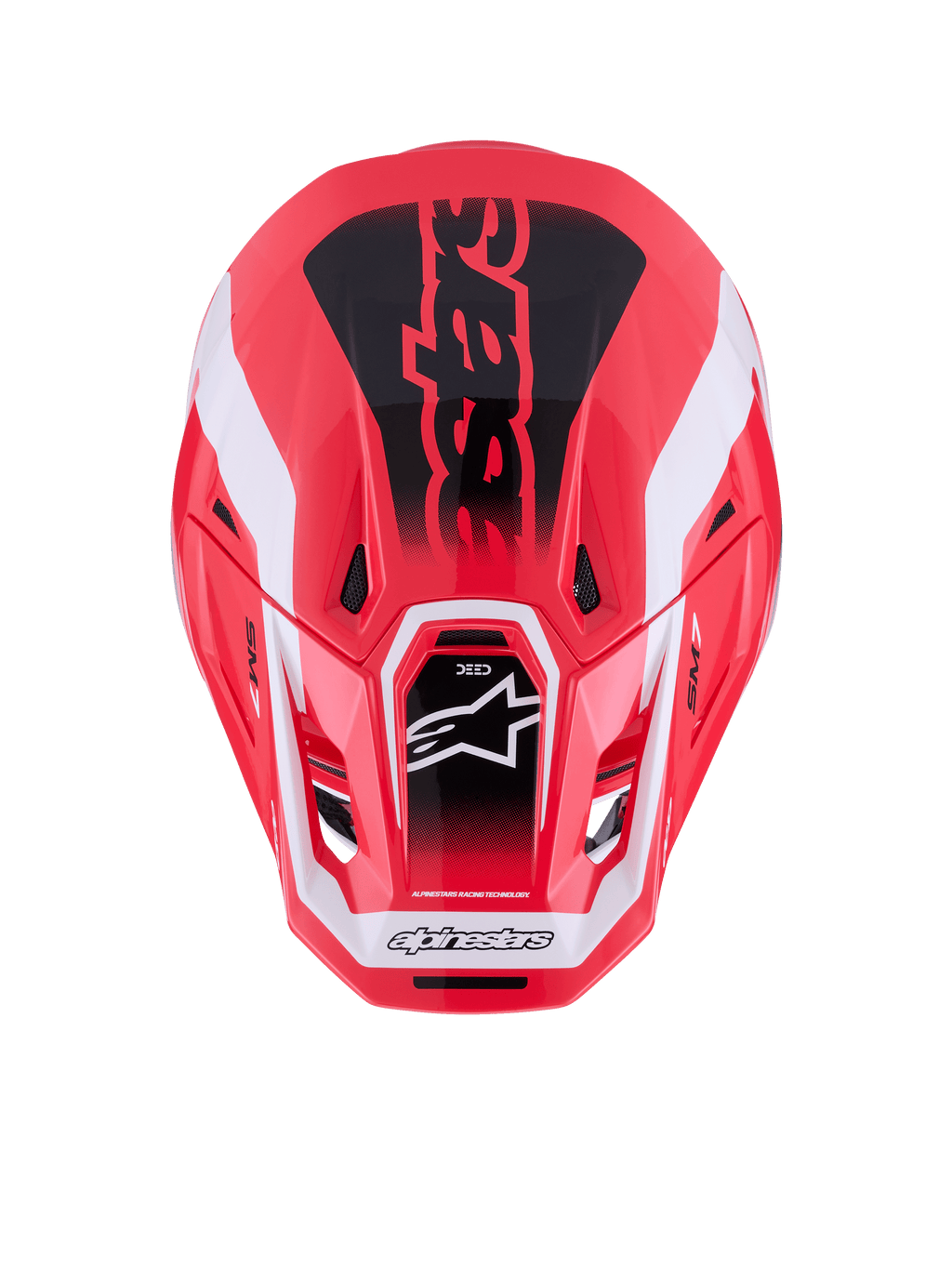 Alpinestars S-M7 Deed Helmet, Motocross Helmet, Red Black and White Glossy, top-down view showing aerodynamic composite shell and ventilation ports, featuring Astars logo and bold branding, professional off-road racing gear