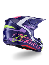 Alpinestars S-M7 Deed Helmet, Motocross Helmet, Purple Pink Glossy, side-rear view with white and lime green accents, bold pink Alpinestars wordmark and star logo, aerodynamic composite shell design for off-road performance