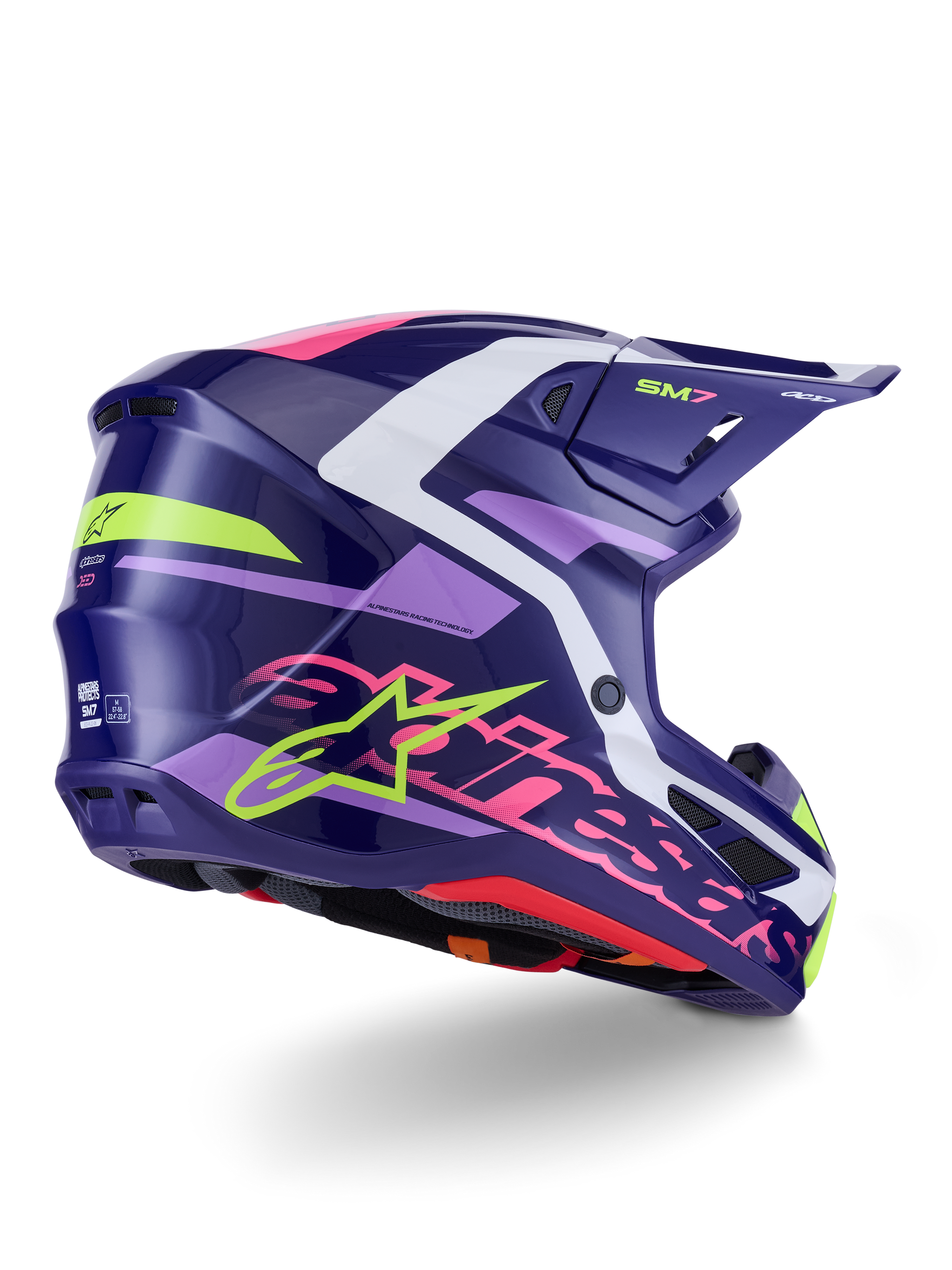 Alpinestars S-M7 Deed Helmet, Motocross Helmet, Purple Pink Glossy, side-rear view with white and lime green accents, bold pink Alpinestars wordmark and star logo, aerodynamic composite shell design for off-road performance