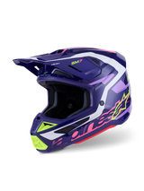 Alpinestars S-M7 Deed Helmet, Motocross Helmet, Purple Pink Glossy, dark purple base with neon yellow, pink, and white accents, aerodynamic design with integrated ventilation ports and a prominent peak visor, high-performance off-road head protector