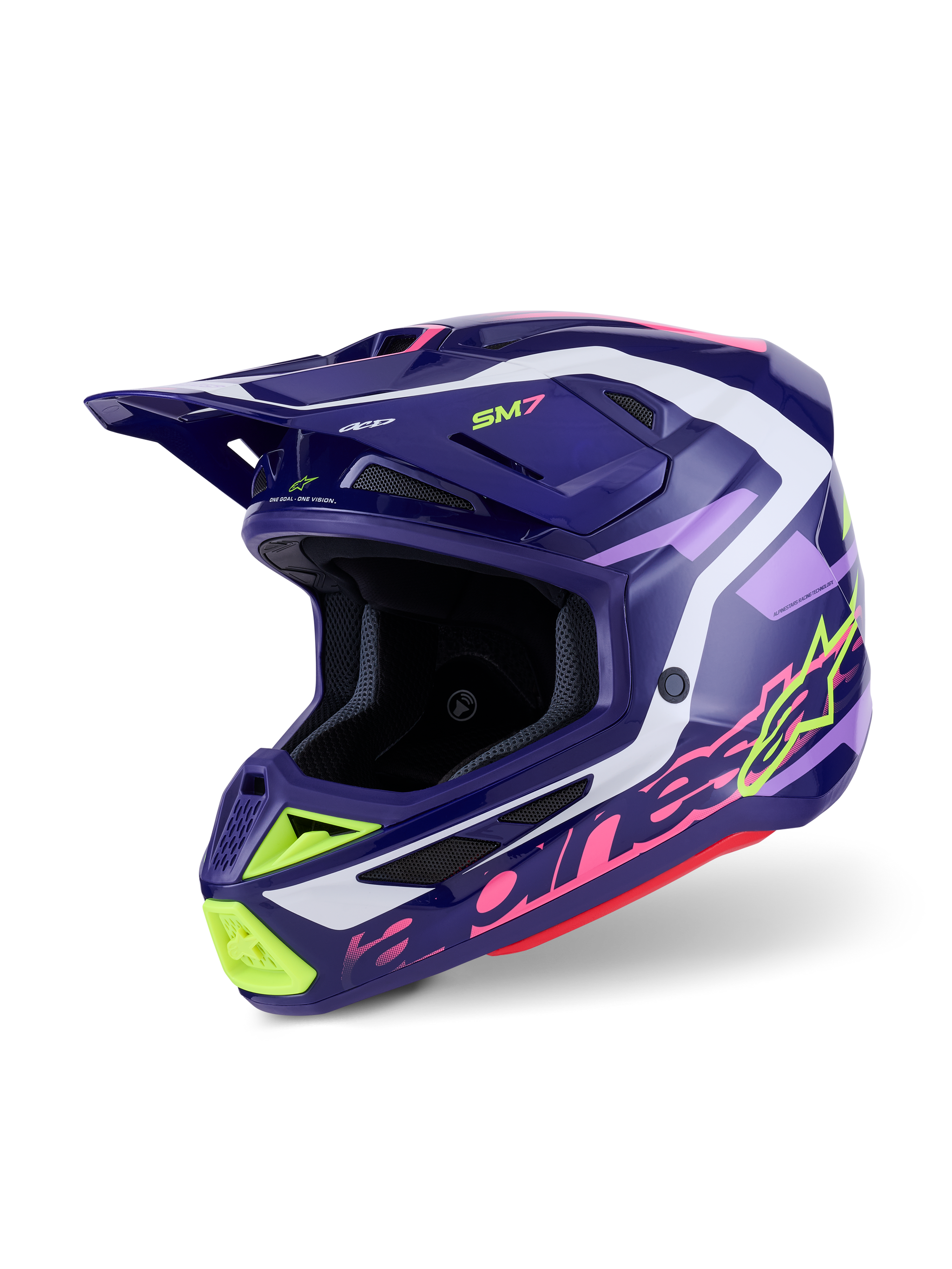 Alpinestars S-M7 Deed Helmet, Motocross Helmet, Purple Pink Glossy, dark purple base with neon yellow, pink, and white accents, aerodynamic design with integrated ventilation ports and a prominent peak visor, high-performance off-road head protector