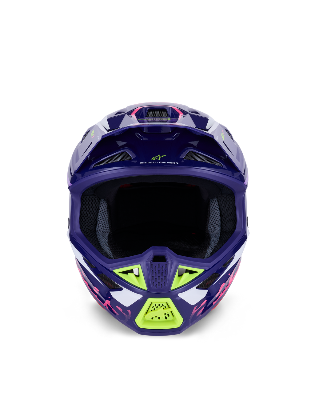 Alpinestars S-M7 Deed Helm ECE 22.06, Motocross-Helm, Purple Pink Glossy mit limonengrünen und weißen Akzenten, Vorderansicht mit breiter Sichtöffnung und Belüftungssystem, aerodynamisches Verbundschalen-Design für den Offroad-Rennsport.
