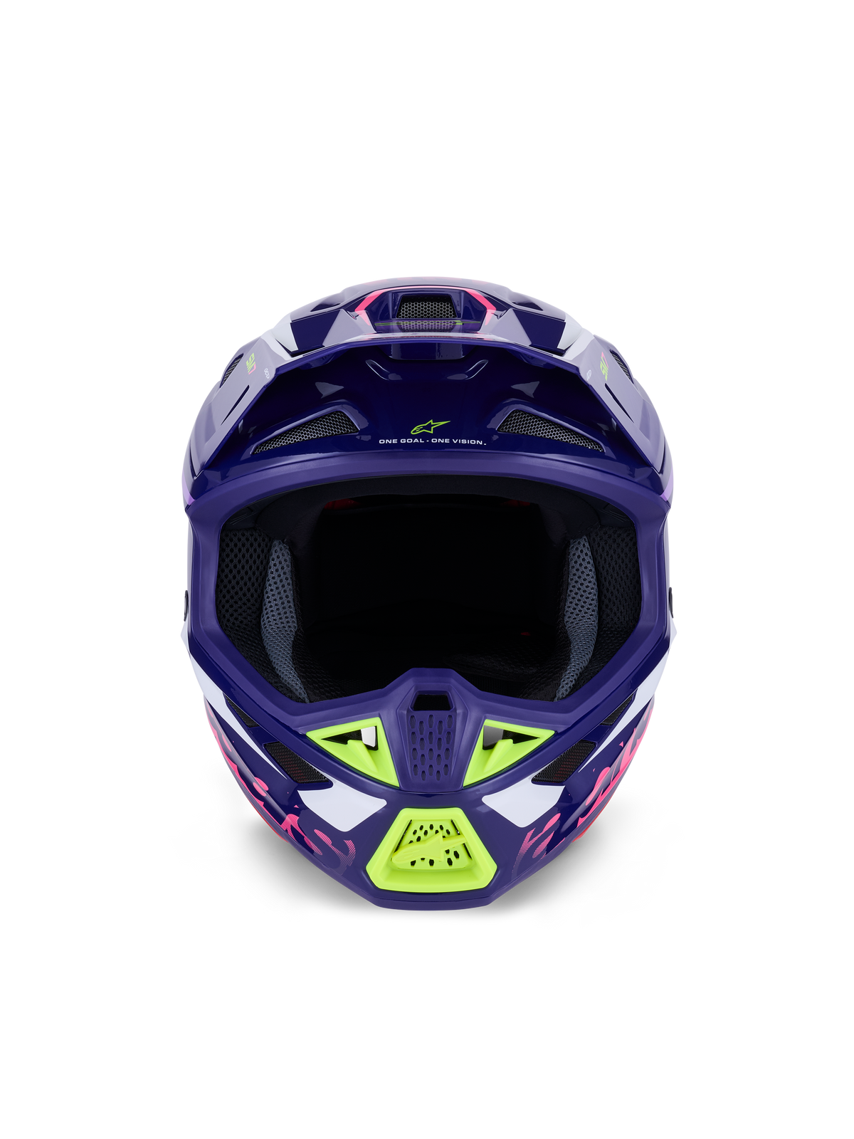 Alpinestars S-M7 Deed Helm ECE 22.06, Motocross-Helm, Purple Pink Glossy mit limonengrünen und weißen Akzenten, Vorderansicht mit breiter Sichtöffnung und Belüftungssystem, aerodynamisches Verbundschalen-Design für den Offroad-Rennsport.