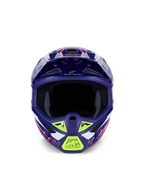 Alpinestars S-M7 Deed Helm ECE 22.06, Motocross-Helm, Purple Pink Glossy mit limonengrünen und weißen Akzenten, Vorderansicht mit breiter Sichtöffnung und Belüftungssystem, aerodynamisches Verbundschalen-Design für den Offroad-Rennsport.