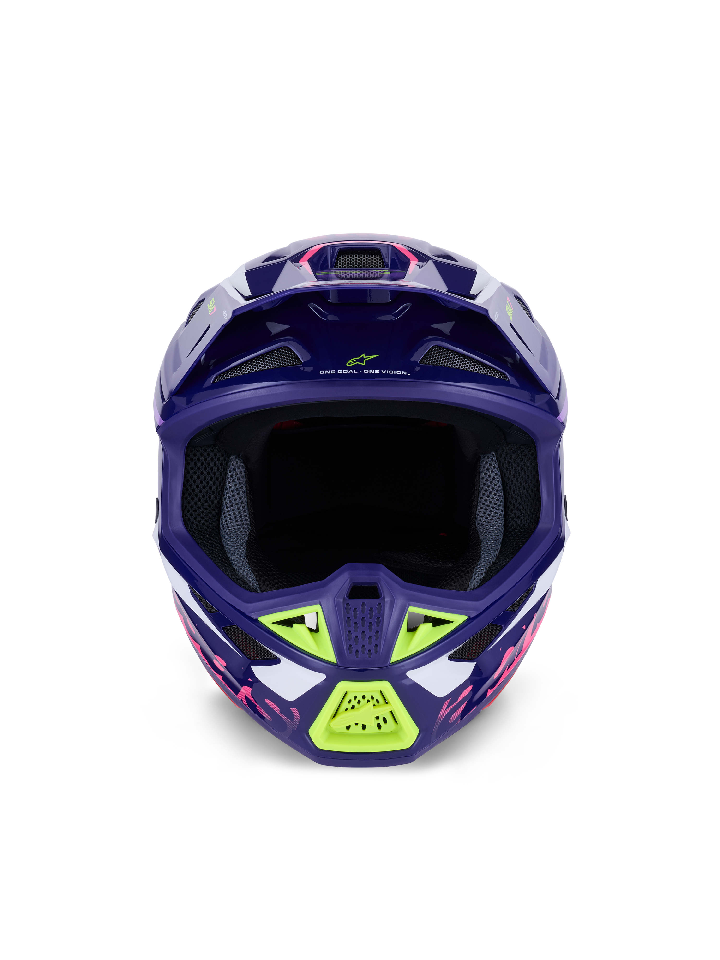 Alpinestars S-M7 Deed Helm ECE 22.06, Motocross-Helm, Purple Pink Glossy mit limonengrünen und weißen Akzenten, Vorderansicht mit breiter Sichtöffnung und Belüftungssystem, aerodynamisches Verbundschalen-Design für den Offroad-Rennsport.