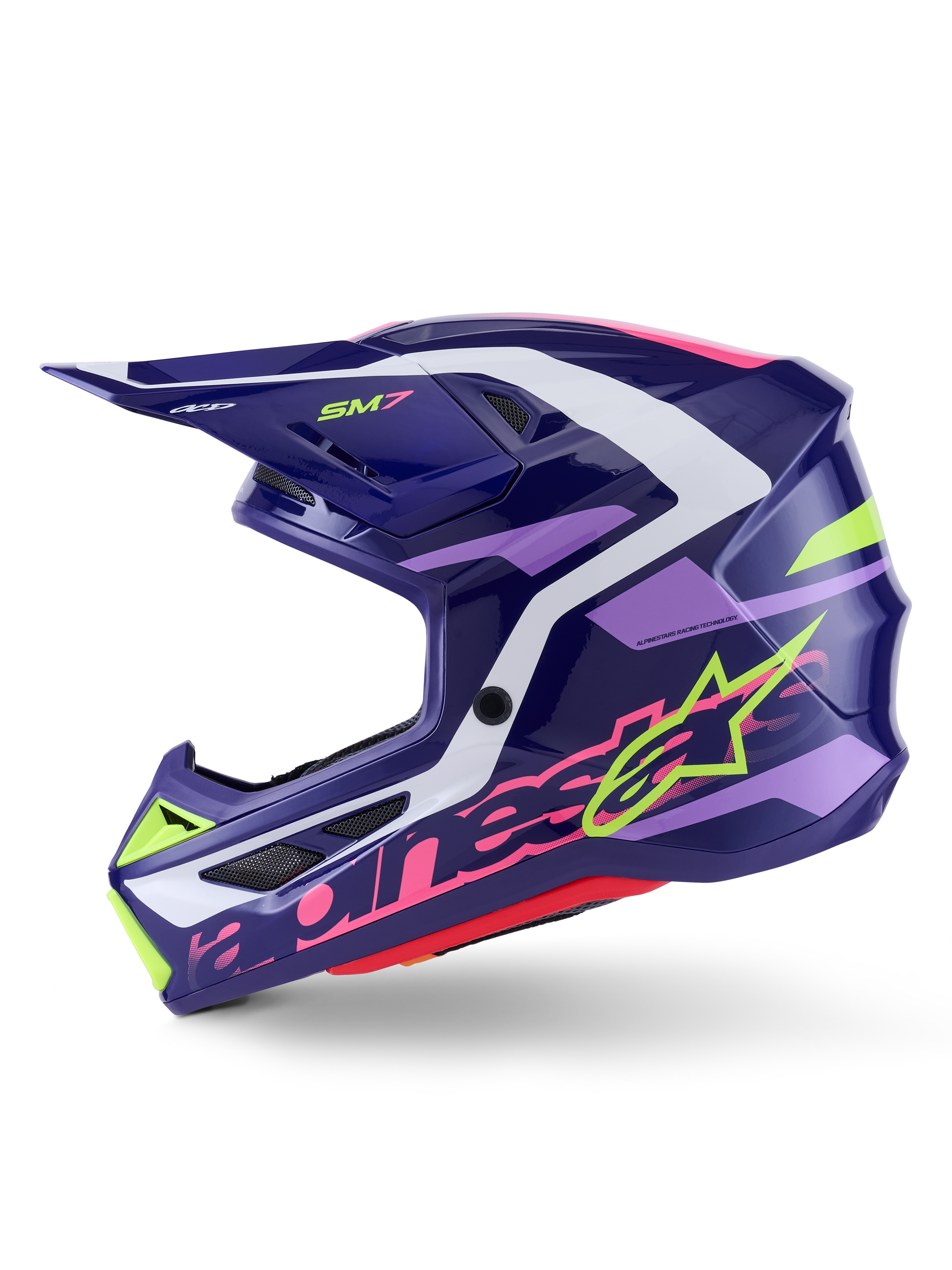 Alpinestars S-M7 Deed Motocross Helmet, Purple Pink Glossy, side profile view, featuring bold lime green and pink Alpinestars branding, aerodynamic shell with white and light purple accents, glossy finish, designed for off-road racing