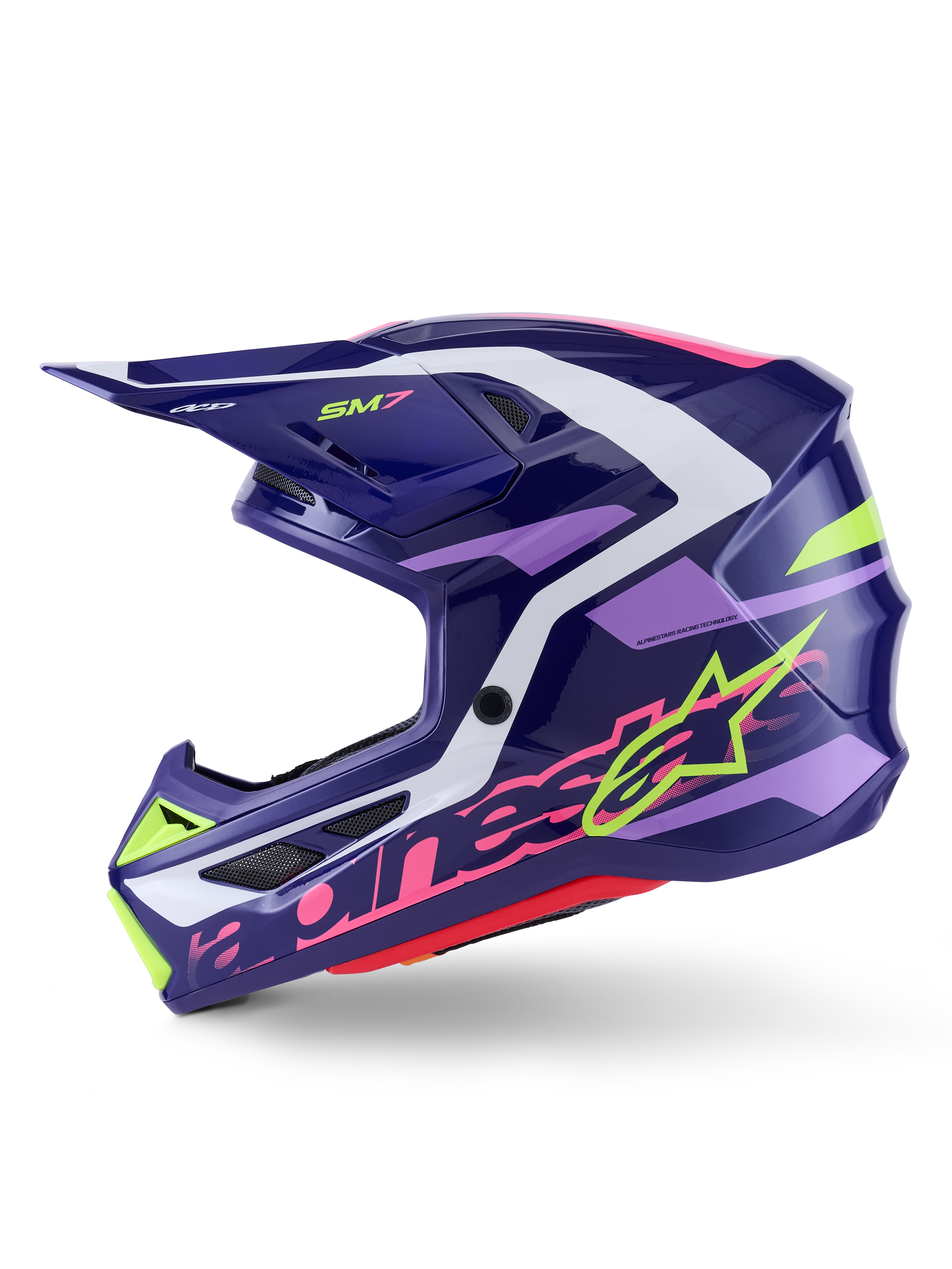 Alpinestars S-M7 Deed Motocross-Helm, Purple Pink Glossy, Seitenansicht, mit markantem Alpinestars-Branding in Lime-Grün und Pink, aerodynamische Schale mit weißen und helllila Akzenten, glänzendes Finish, entwickelt für den Offroad-Rennsport