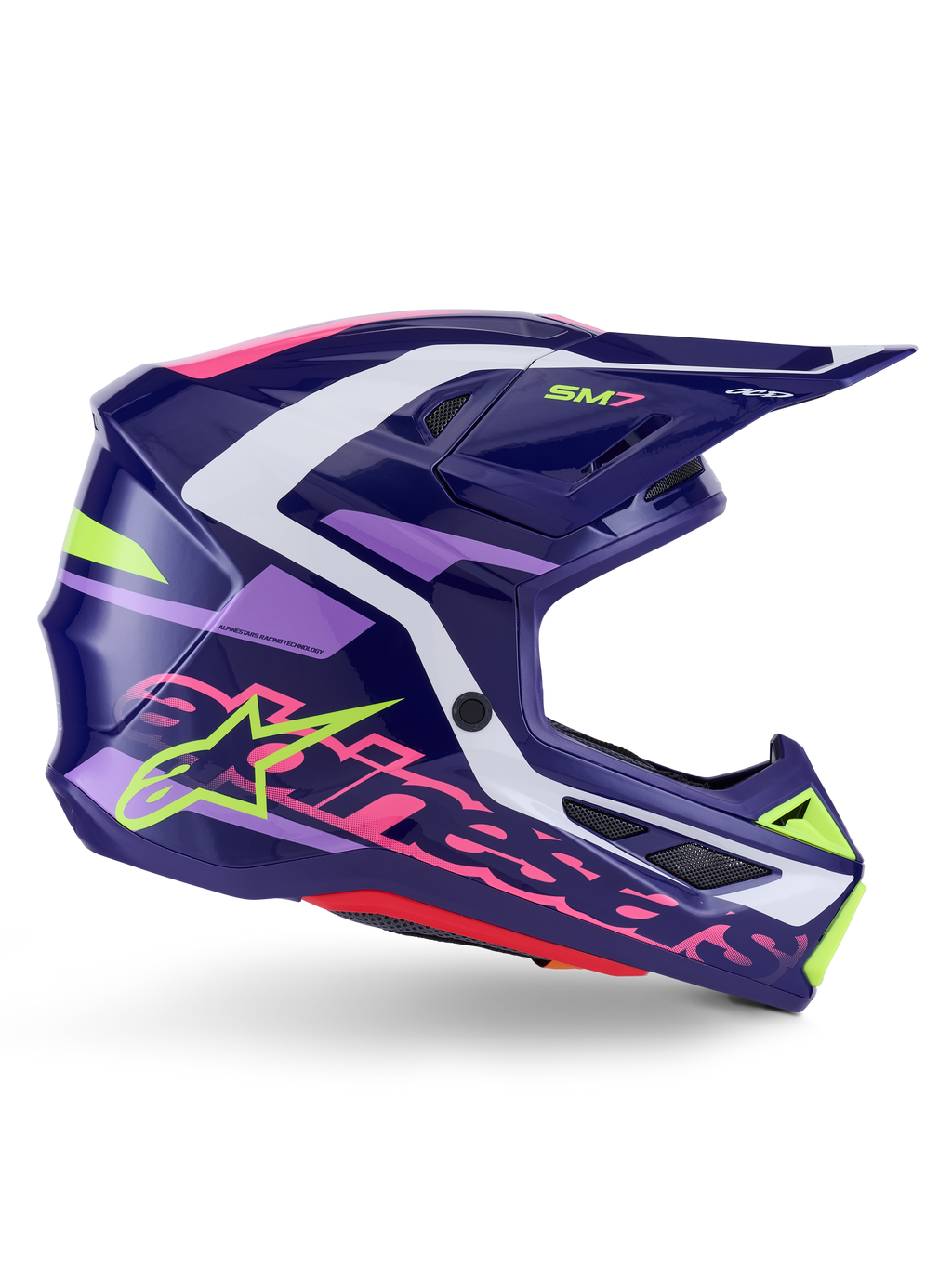Alpinestars S-M7 Deed Helm, Motocross-Helm, Purple Pink Glossy, Seitenprofil-Ansicht, mit weißen und lindgrünen Grafikakzenten, SM7-Branding und markantem Alpinestars-Logo, aerodynamisches Verbundschalen-Design für den Offroad-Rennsport