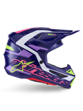 Alpinestars S-M7 Deed Helm, Motocross-Helm, Purple Pink Glossy, Seitenprofil-Ansicht, mit weißen und lindgrünen Grafikakzenten, SM7-Branding und markantem Alpinestars-Logo, aerodynamisches Verbundschalen-Design für den Offroad-Rennsport