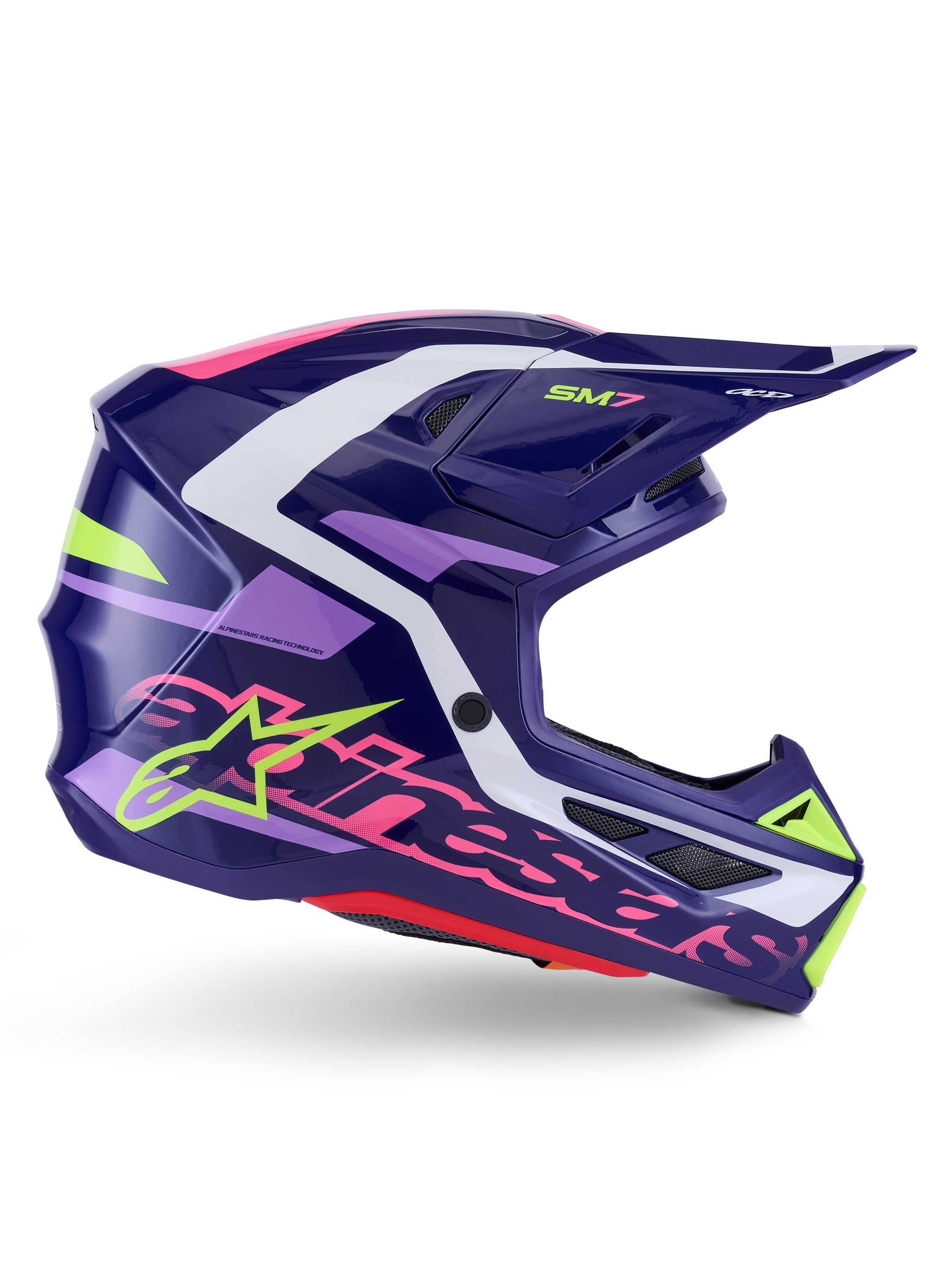 Alpinestars S-M7 Deed Helmet, Motocross Helmet, Purple Pink Glossy, side profile view, featuring white and lime green graphic accents, SM7 branding and bold Alpinestars logo, aerodynamic composite shell design for off-road racing