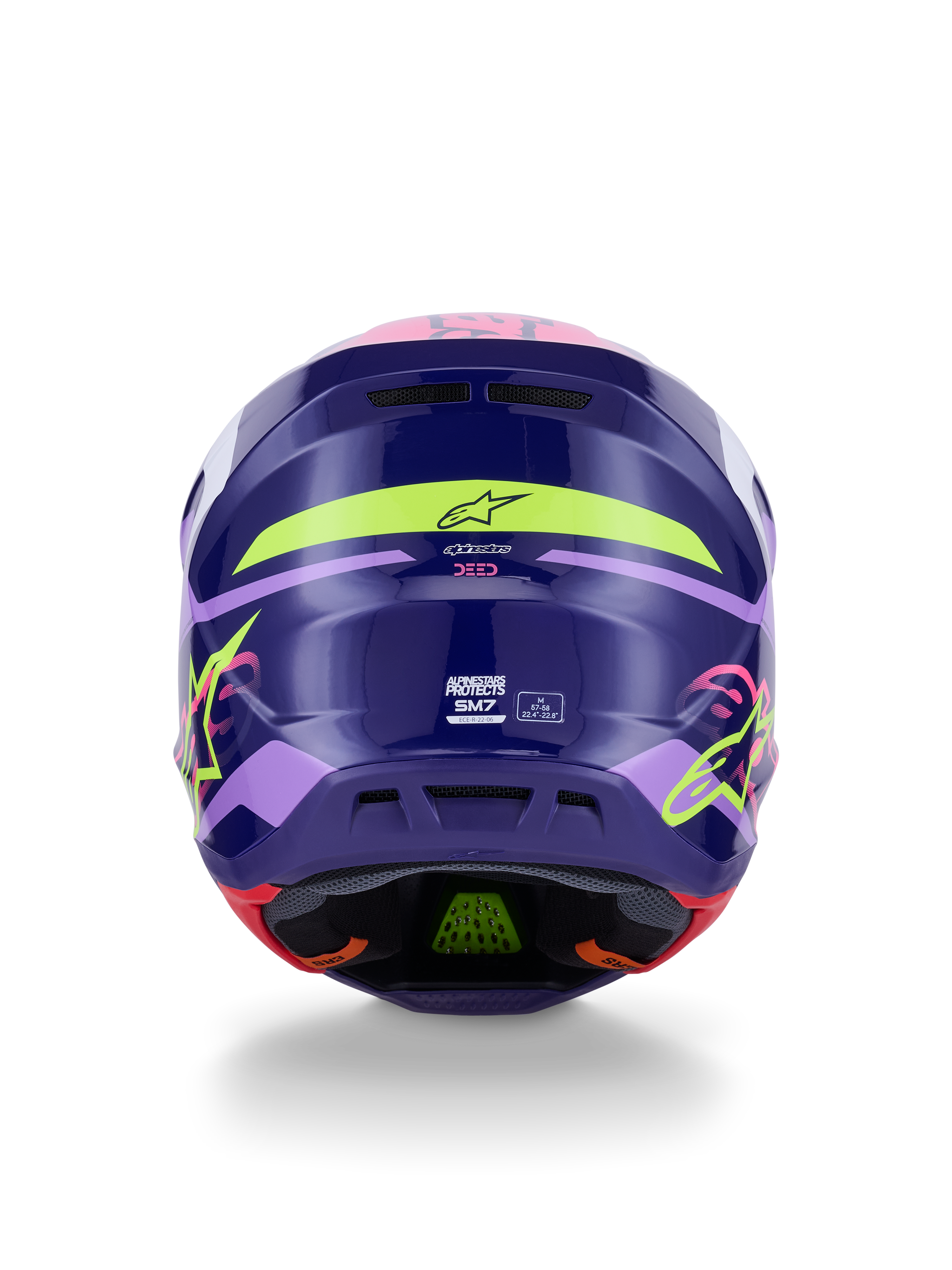 Alpinestars S-M7 Deed Helm ECE 22.06, Motocross-Helm, Rückansicht in Lila-Pink Glänzend, mit neongelben und pinken Grafiken, aerodynamische Verbundschale mit SM7-Branding und Zertifizierungskennzeichnungen, Hochleistungs-Offroad-Rennausrüstung