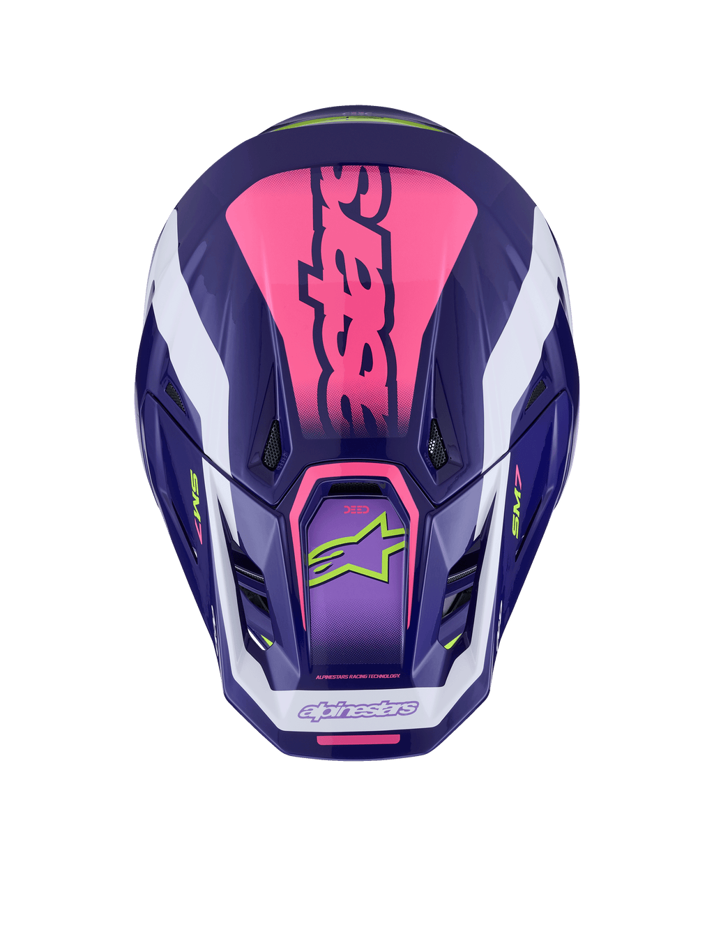 Alpinestars S-M7 Deed Helm, Draufsicht, Lila-Rosa glänzend, auffälliges rosa Branding auf der Oberseite, weiße Akzente, limonengrüne Logos, Belüftungsöffnungen, glänzendes Finish, hochleistungsfähiger Motocross-Schutz