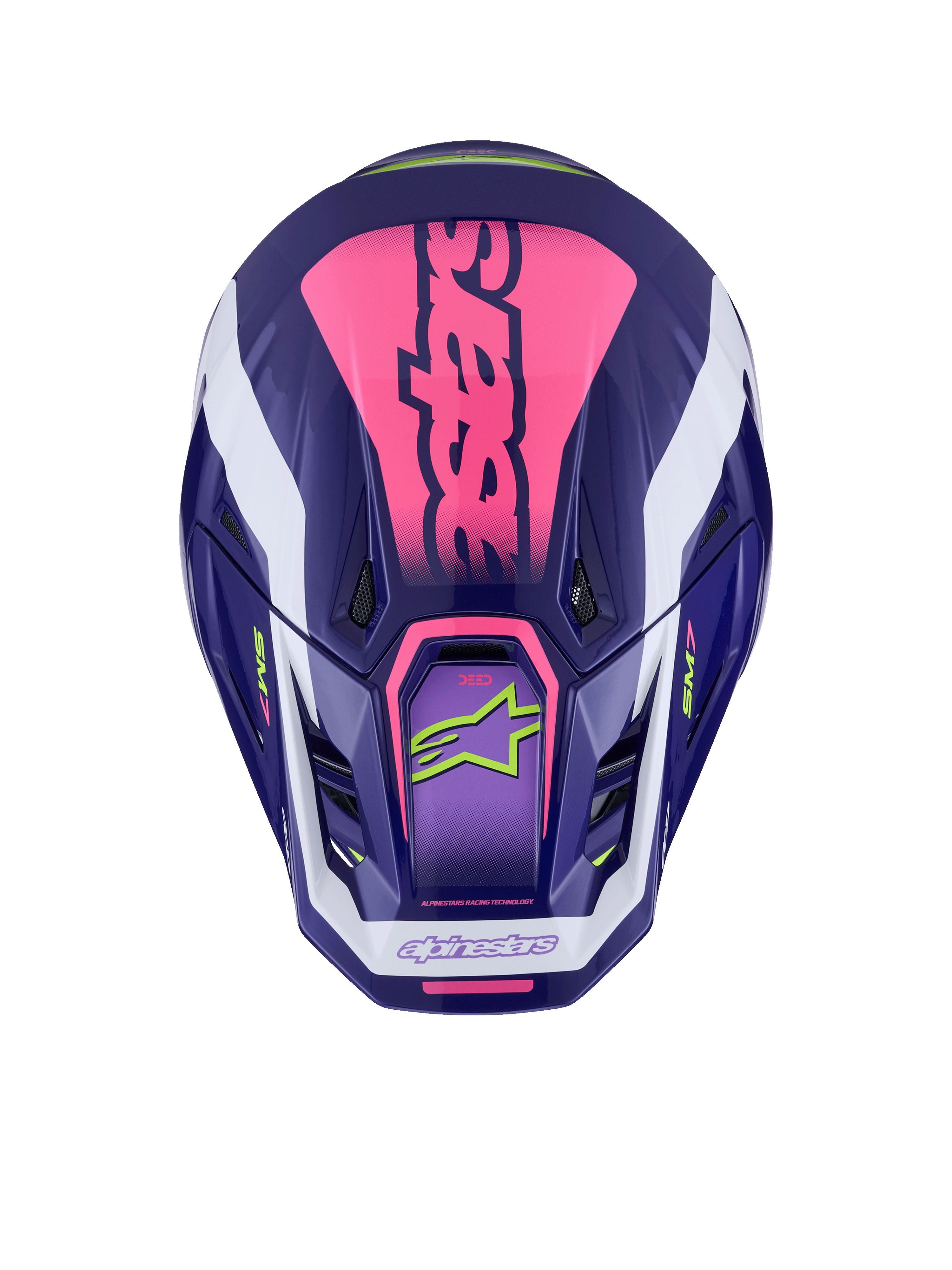 Alpinestars S-M7 Deed Helm, Draufsicht, Lila-Rosa glänzend, auffälliges rosa Branding auf der Oberseite, weiße Akzente, limonengrüne Logos, Belüftungsöffnungen, glänzendes Finish, hochleistungsfähiger Motocross-Schutz