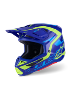 Alpinestars S-M7 Deed Helmet, Motocross Helmet, Blue and Fluorescent Yellow Glossy, aerodynamic design with multiple intake vents, featuring bold Alpinestars branding and SM7 logo, professional off-road racing protection