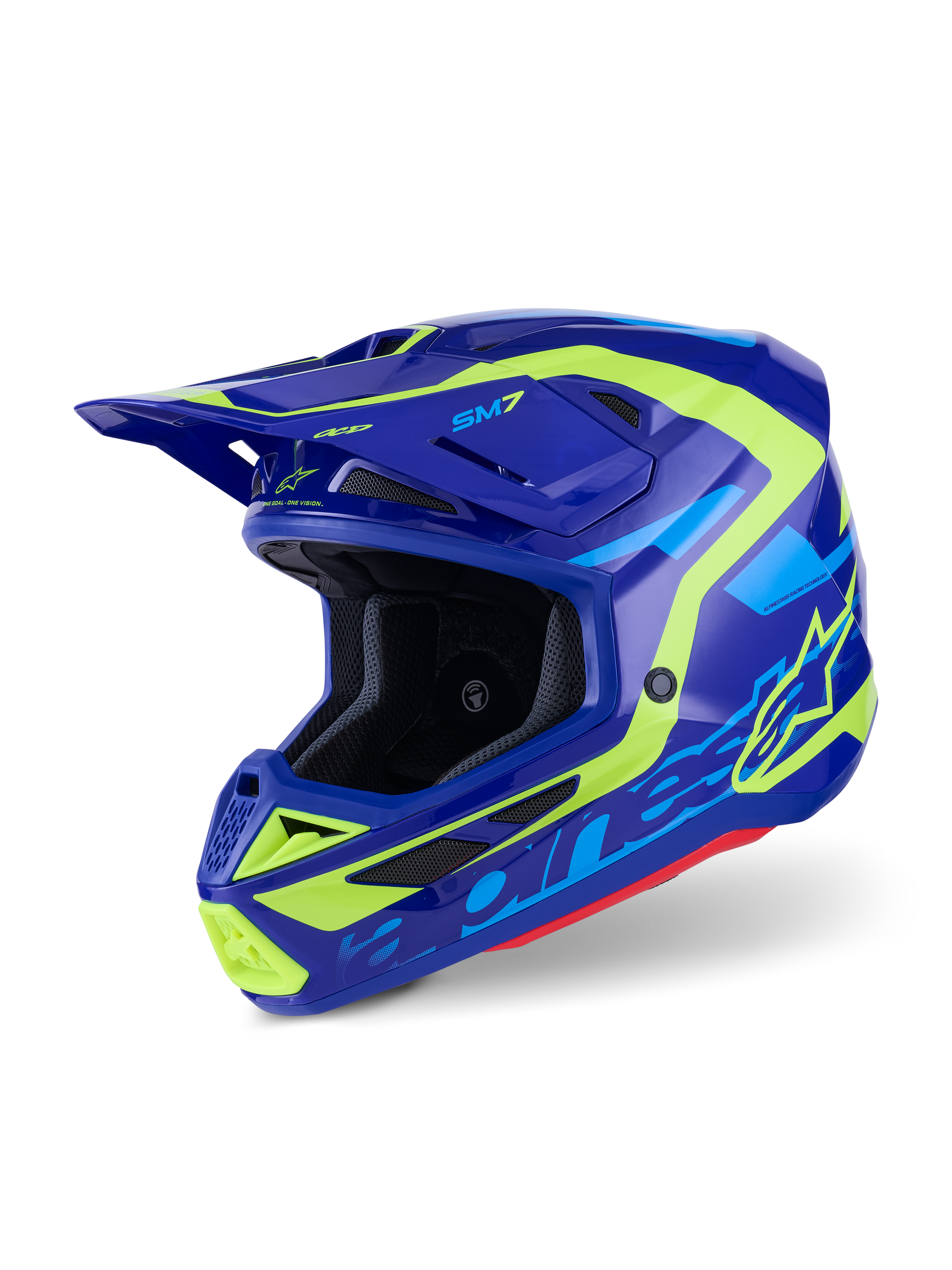 Alpinestars S-M7 Deed Helmet, Motocross Helmet, Blue and Fluorescent Yellow Glossy, aerodynamic design with multiple intake vents, featuring bold Alpinestars branding and SM7 logo, professional off-road racing protection