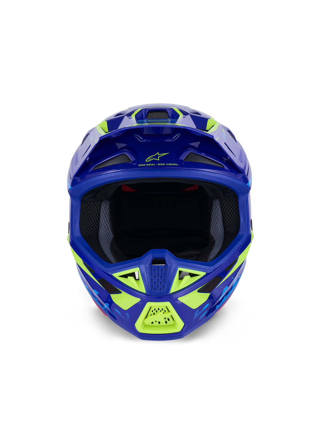 Alpinestars S-M7 Deed Helmet, Motocross Helmet, Blue Yellow Fluo Glossy, front-facing view highlighting the wide eye port and multiple mesh-covered air intakes, aerodynamic shell with neon yellow highlights and Alpinestars branding, professional off-road racing head protection