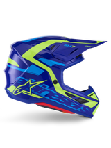 Alpinestars S-M7 Deed Helm ECE 22.06, Motocross-Helm, Blau Gelb Fluo Glänzend, Seitenprofil-Ansicht mit aerodynamischer Schale, markantem Alpinestars-Branding, leuchtend gelben und hellblauen Grafikakzenten, mehreren Belüftungsöffnungen und integriertem Visierdesign für Elite-Offroad-Rennsport