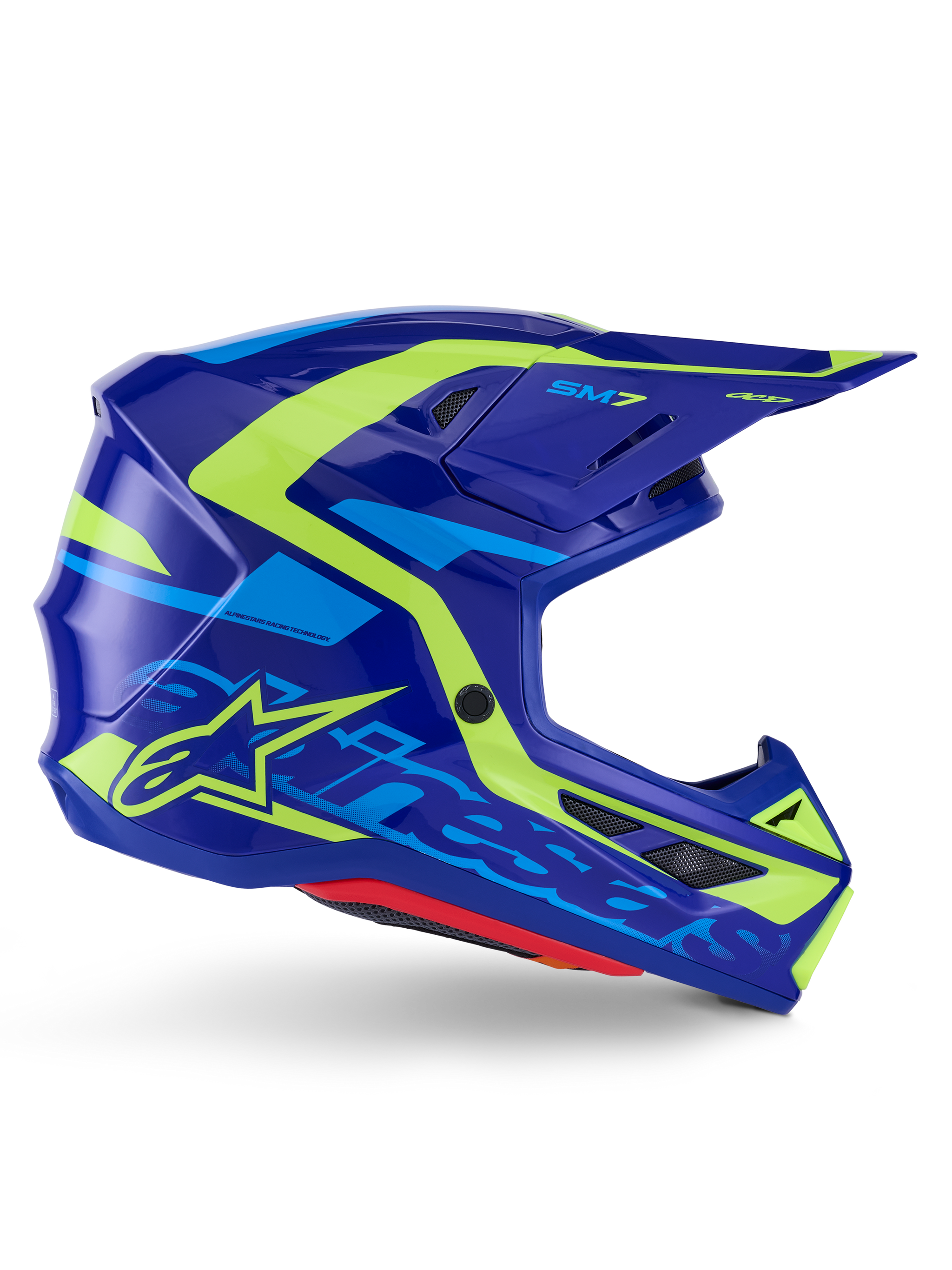 Alpinestars S-M7 Deed Helm ECE 22.06, Motocross-Helm, Blau Gelb Fluo Glänzend, Seitenprofil-Ansicht mit aerodynamischer Schale, markantem Alpinestars-Branding, leuchtend gelben und hellblauen Grafikakzenten, mehreren Belüftungsöffnungen und integriertem Visierdesign für Elite-Offroad-Rennsport