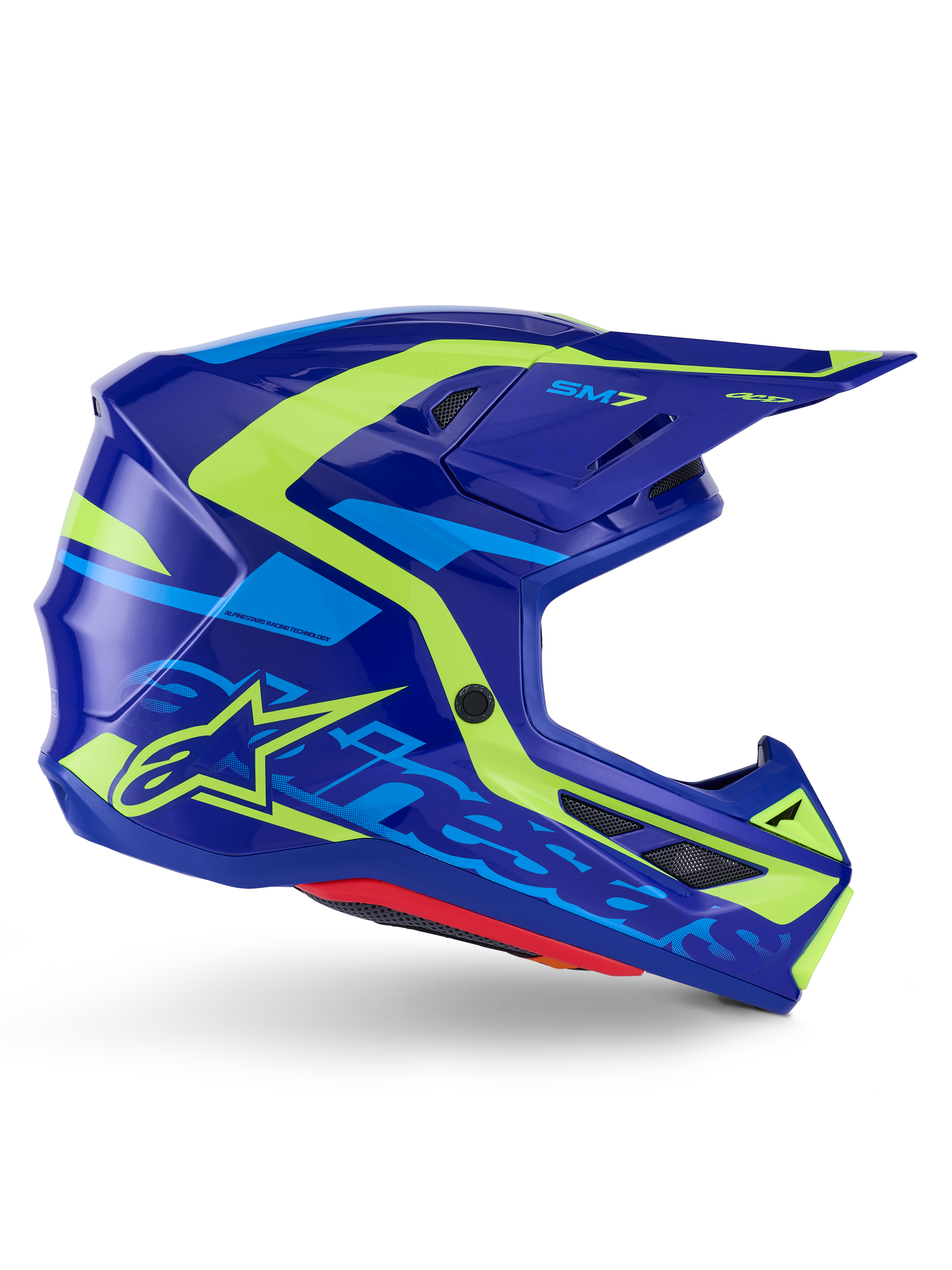 Alpinestars S-M7 Deed Helm ECE 22.06, Motocross-Helm, Blau Gelb Fluo Glänzend, Seitenprofil-Ansicht mit aerodynamischer Schale, markantem Alpinestars-Branding, leuchtend gelben und hellblauen Grafikakzenten, mehreren Belüftungsöffnungen und integriertem Visierdesign für Elite-Offroad-Rennsport
