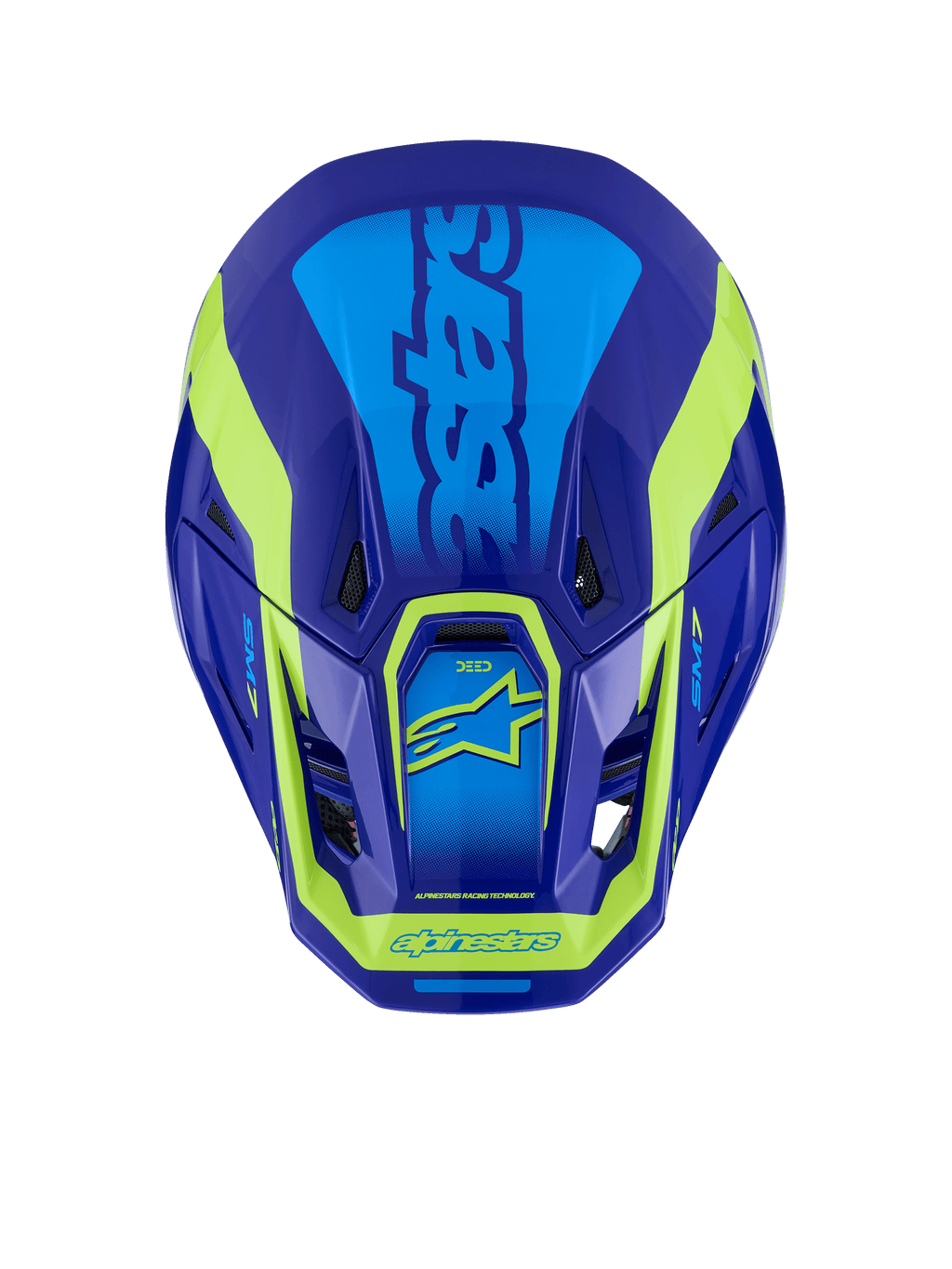 Alpinestars S-M7 Deed Helmet, Motocross Helmet, Blue and Yellow Fluo Glossy, top-down view showing the aerodynamic shell, ventilation ports, and distinctive fluo yellow branding against a deep blue finish.