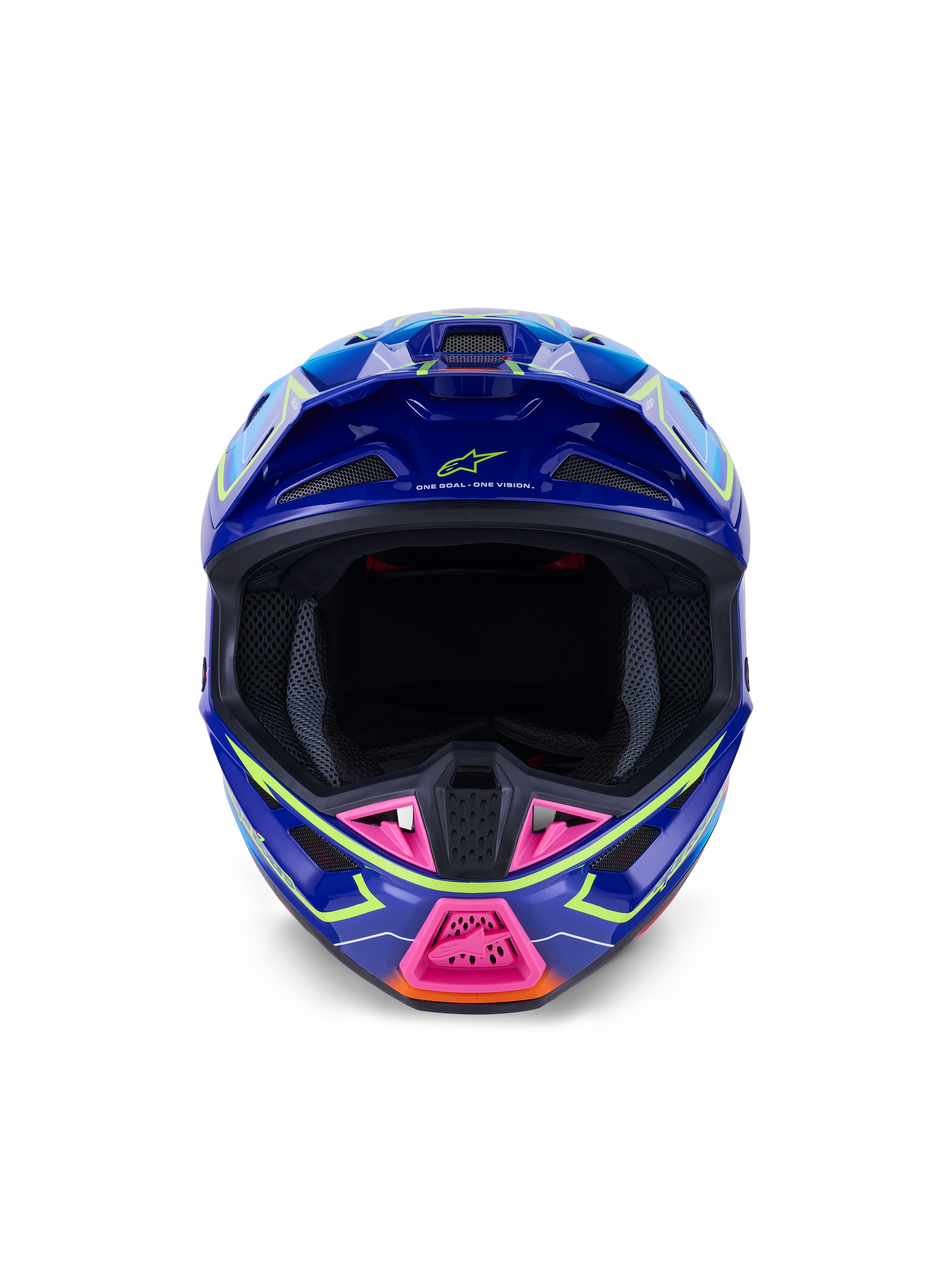 Alpinestars S-M7 Cast Helmet ECE 22.06, Motocross Helmet, Blue Pink and Yellow Fluo Glossy, front-facing view showing aggressive aerodynamic shell, ventilated chin guard with pink accents, and wide eye port for off-road racing