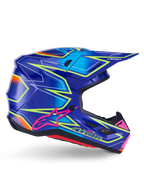 Alpinestars S-M7 Cast Helmet, Motocross Helmet, Blue Pink and Yellow Fluo Glossy, side profile view featuring bold geometric patterns, pink Alpinestars logo, and ventilated aerodynamic shell.