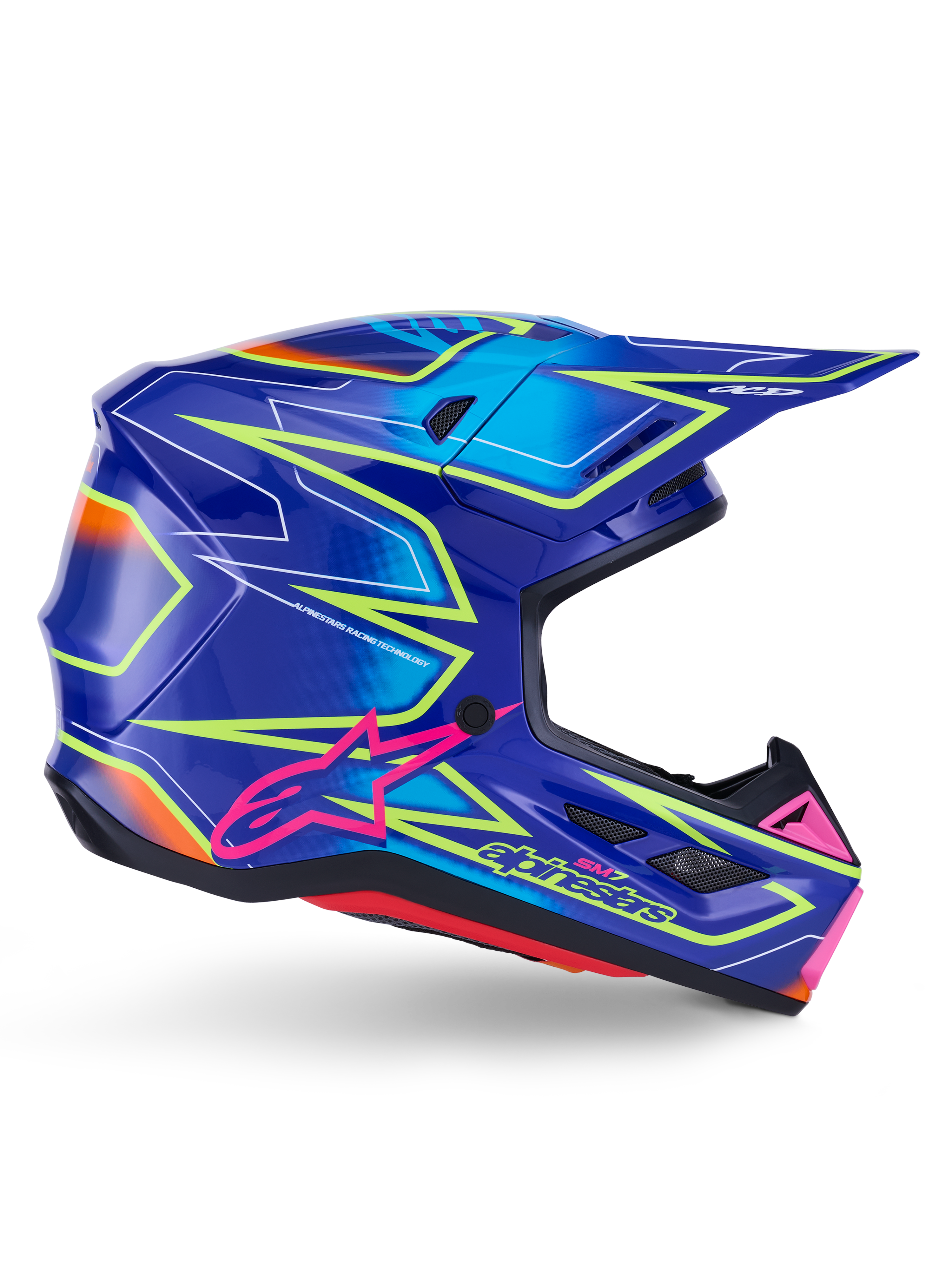 Alpinestars S-M7 Cast Helm, Motocross-Helm, Blau, Pink und Gelb Fluo glänzend, Seitenprofil mit markanten geometrischen Mustern, pinkfarbenem Alpinestars-Logo und belüfteter aerodynamischer Schale.