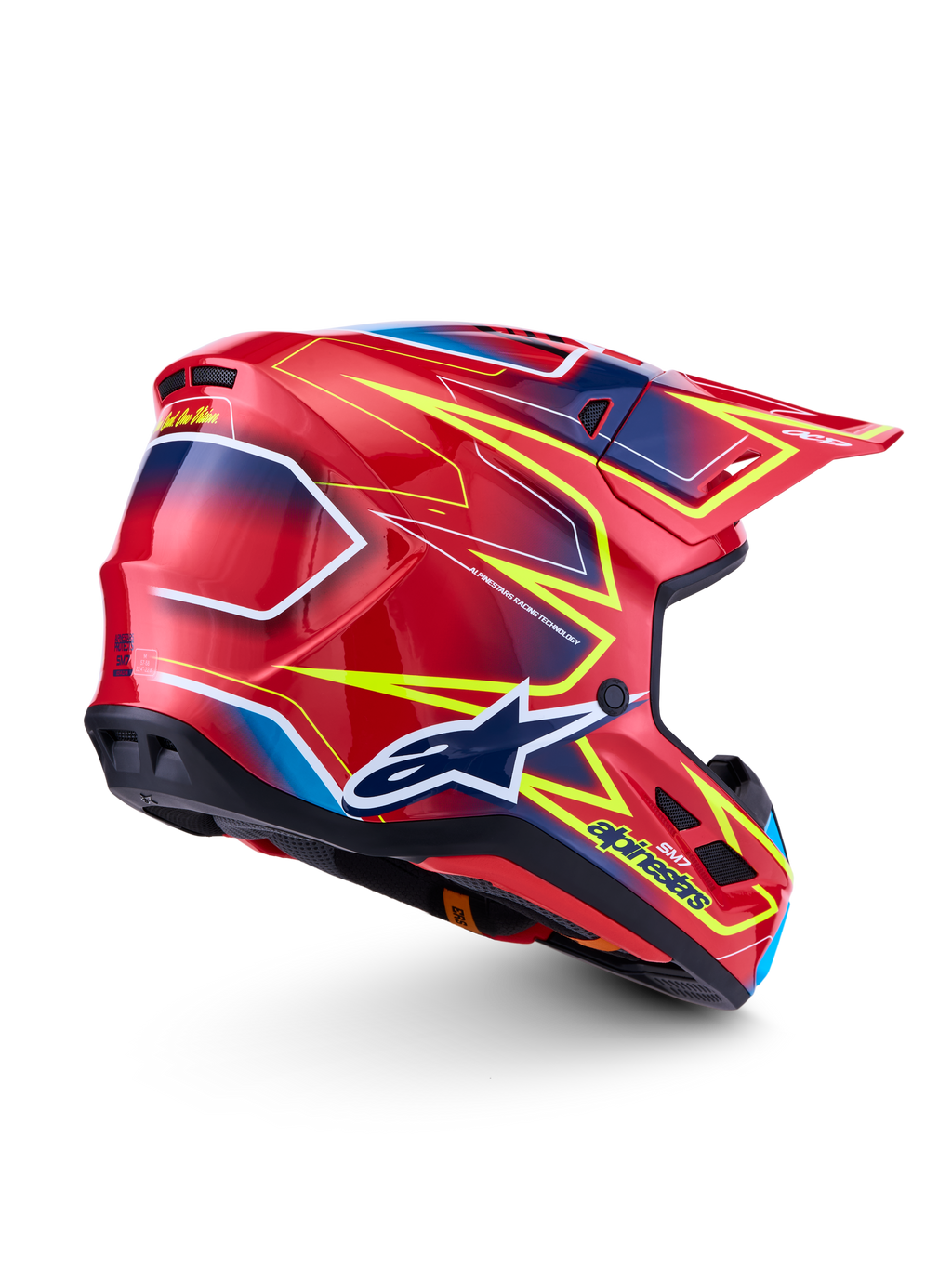 Alpinestars S-M7 Cast Helm ECE06, Motocross-Helm, Rot, Gelb Fluo und Blau, glänzendes Finish, ECE 22.06 zertifiziert.
