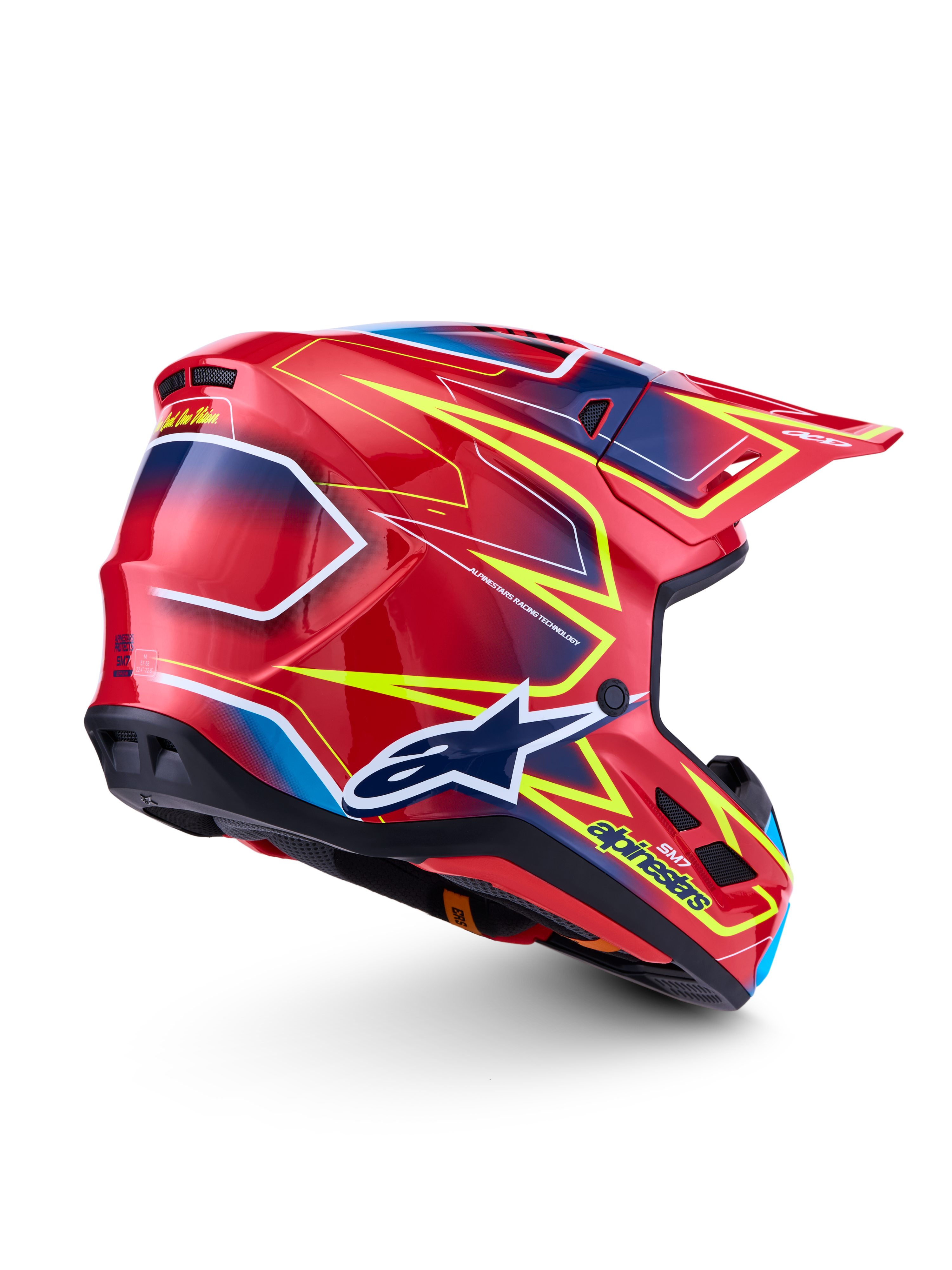 Alpinestars S-M7 Cast Helm ECE06, Motocross-Helm, Rot, Gelb Fluo und Blau, glänzendes Finish, ECE 22.06 zertifiziert.